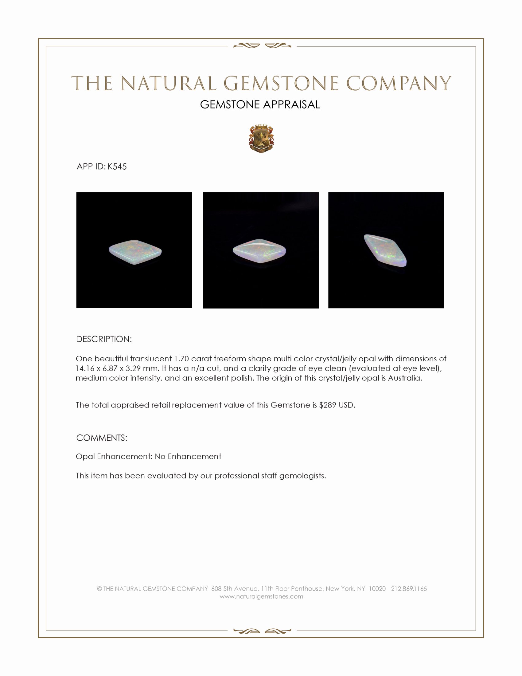 1.70 Ct. Crystal/Jelly Opal from Australia