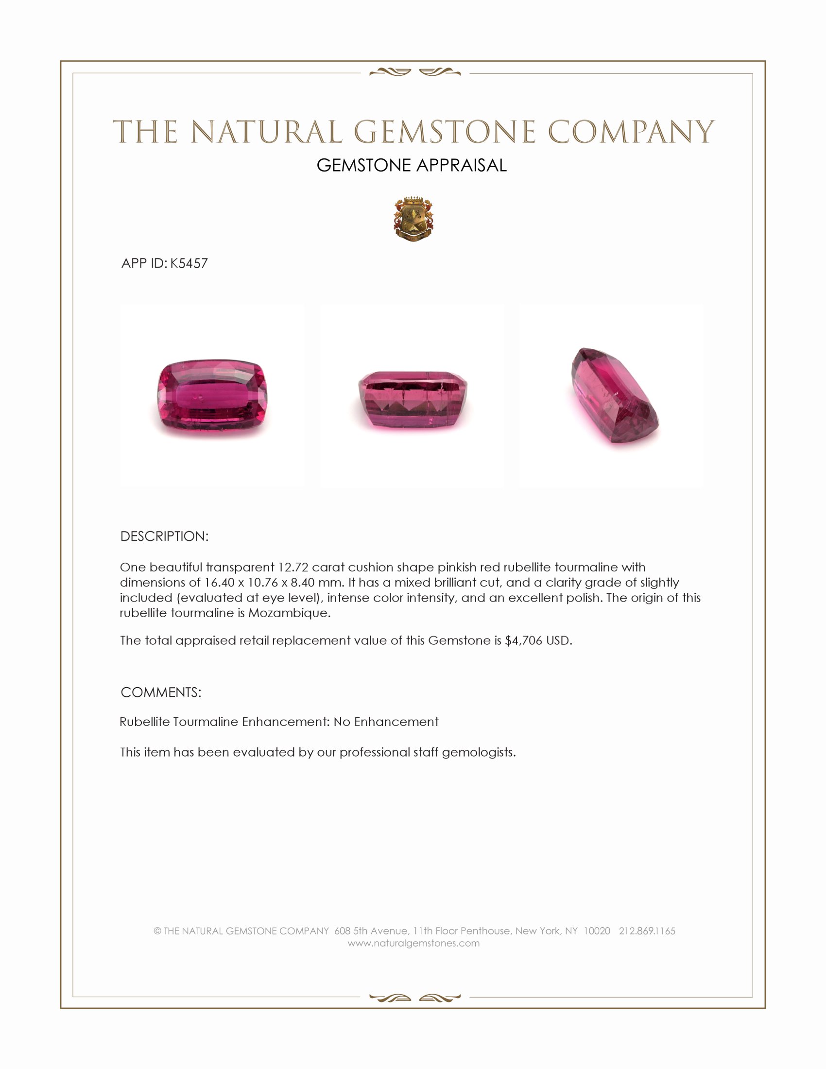 12.72 Ct. Pinkish Red Rubellite Tourmaline from Mozambique