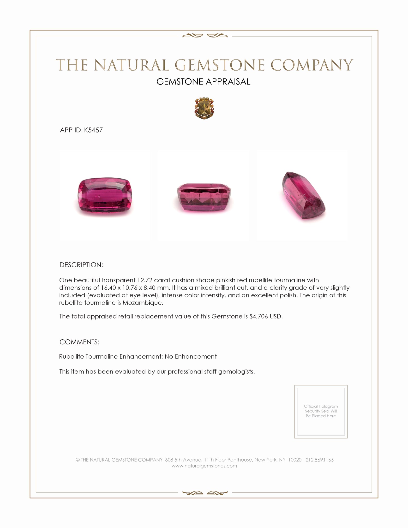 12.72 Ct. Rubellite Tourmaline from Mozambique