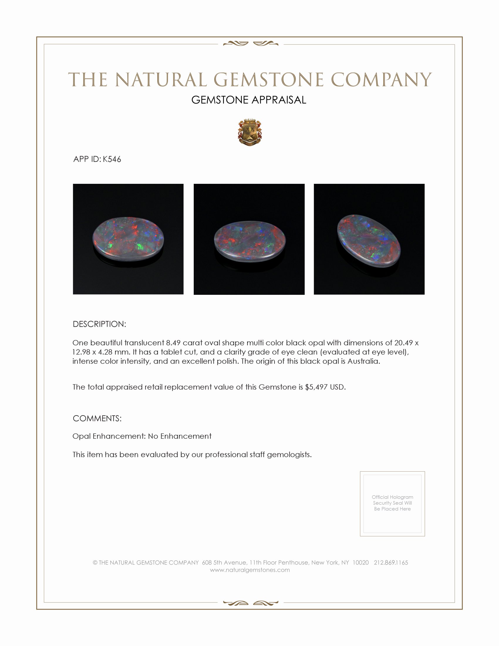 8.49 Ct. Black Opal from Australia