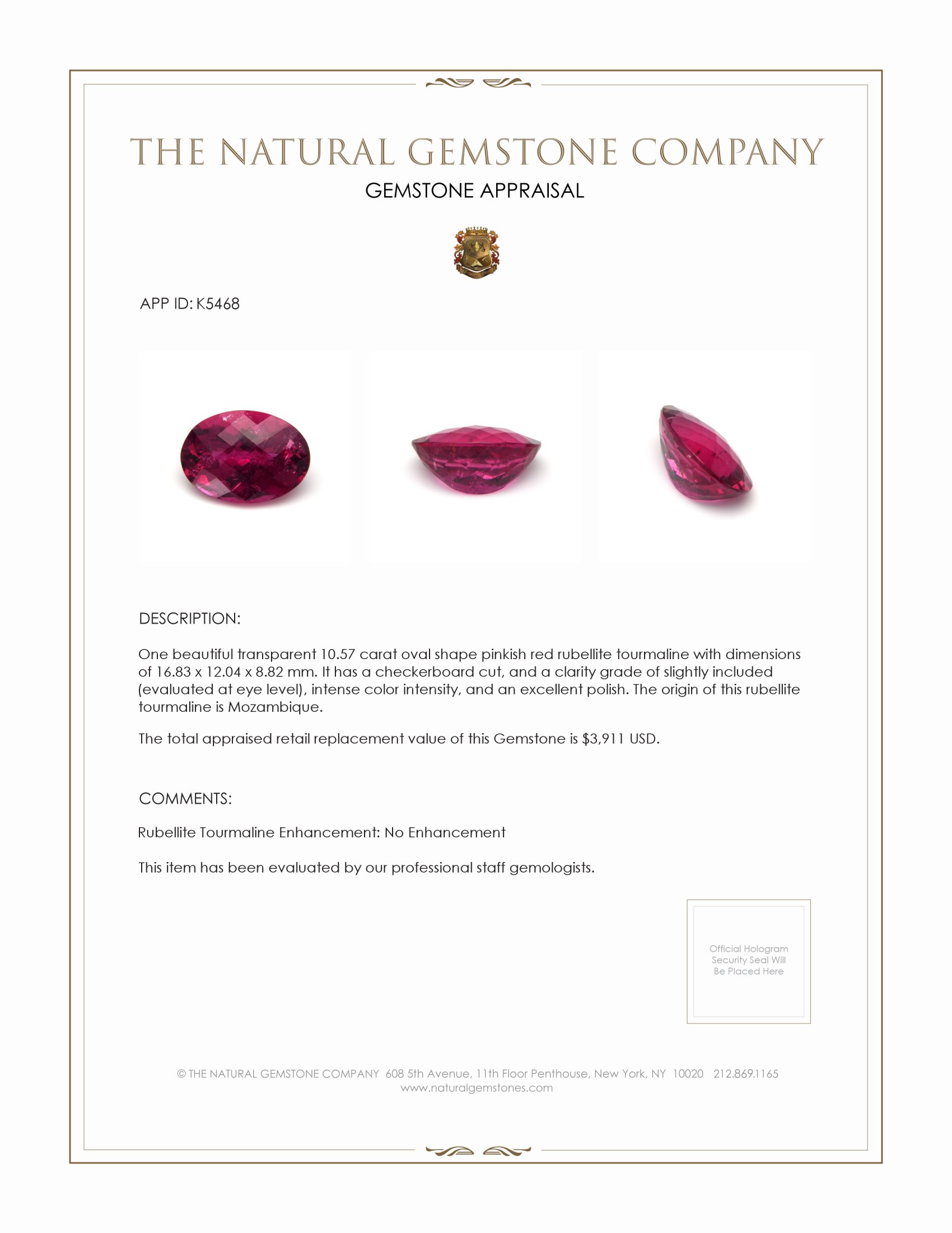 10.57 Ct. Pinkish Red Rubellite Tourmaline from Mozambique