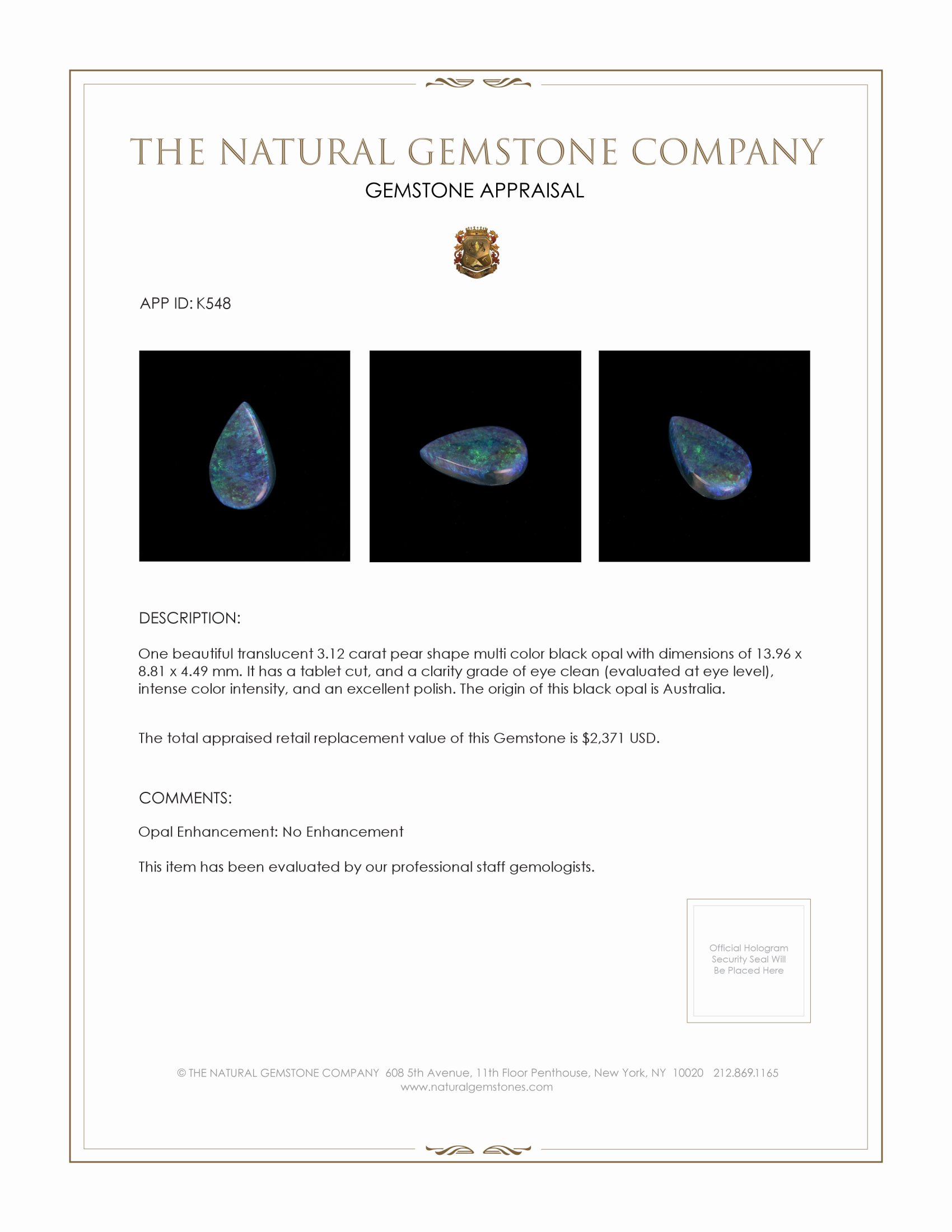 3.12 Ct. Multi Color Black Opal (Dark Opal) from Australia
