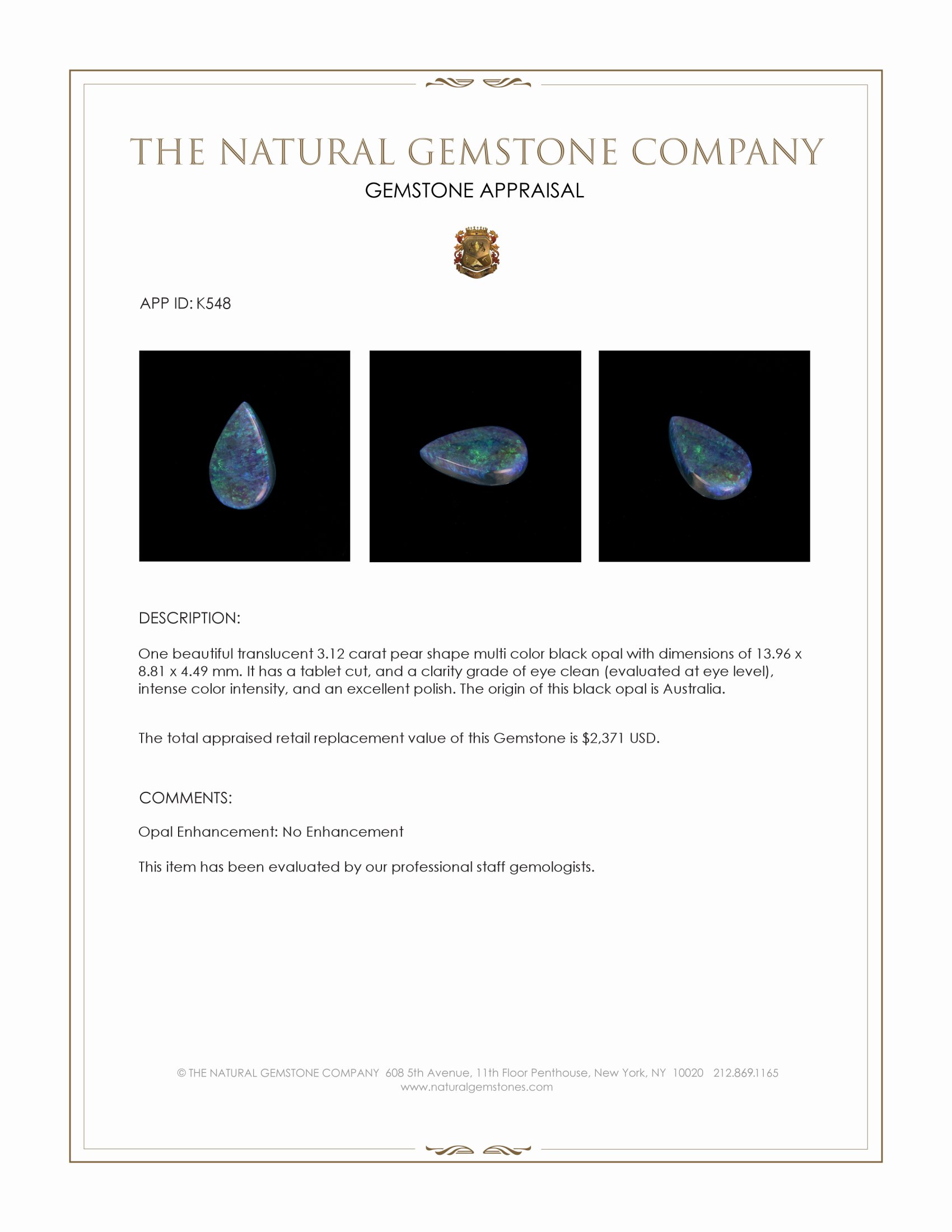 3.12 Ct. Multi Color Black Opal from Australia