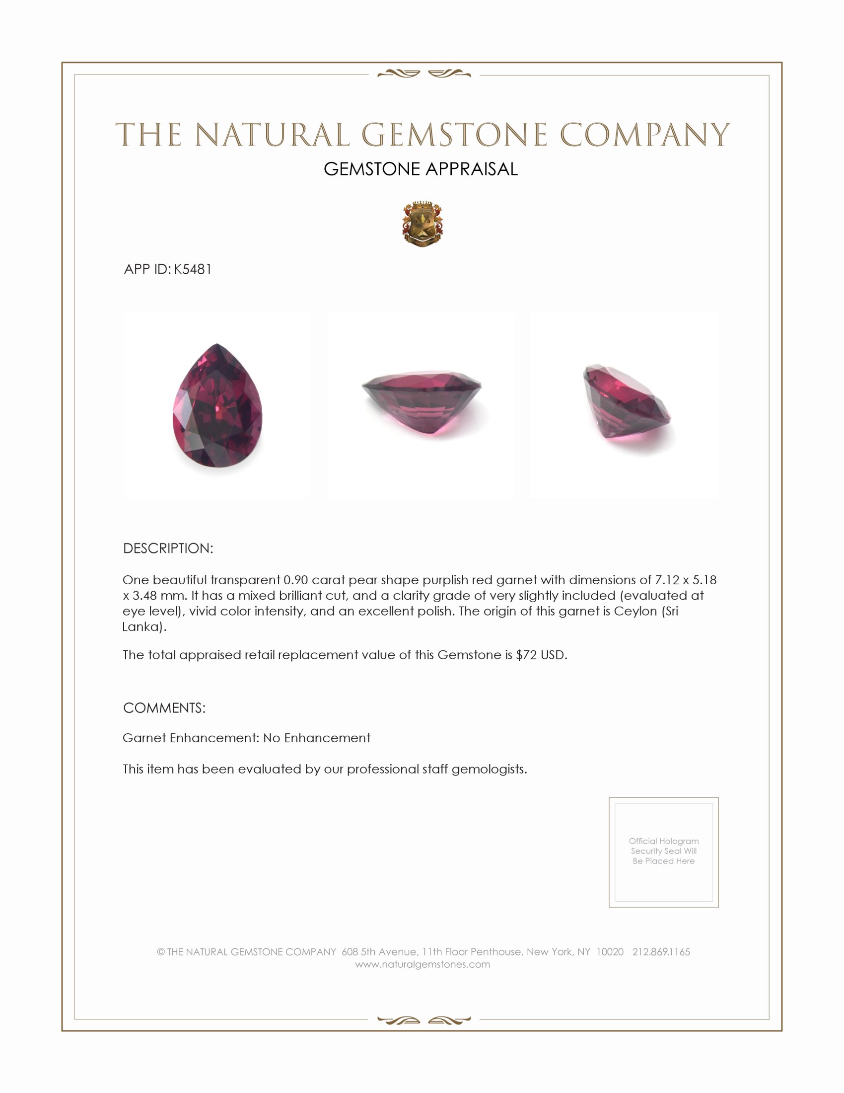 0.90 Ct. Garnet from Ceylon (Sri Lanka)