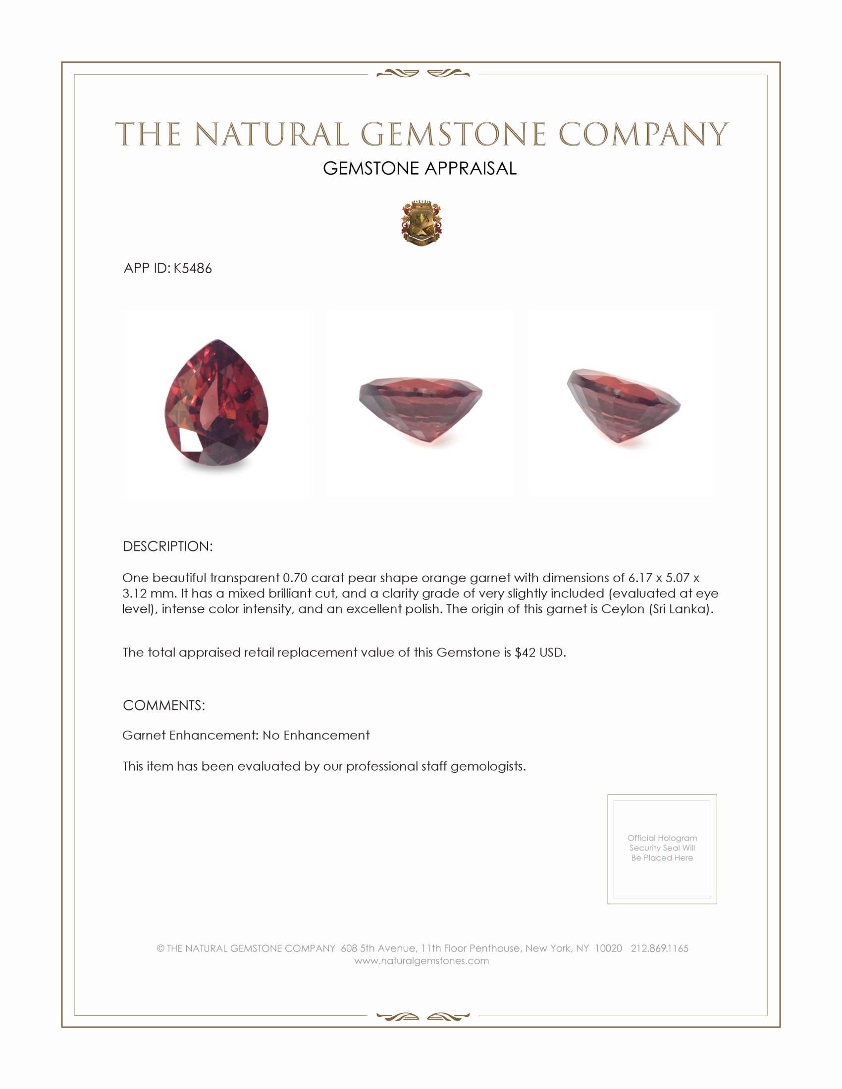 0.70 Ct. Garnet from Ceylon (Sri Lanka)
