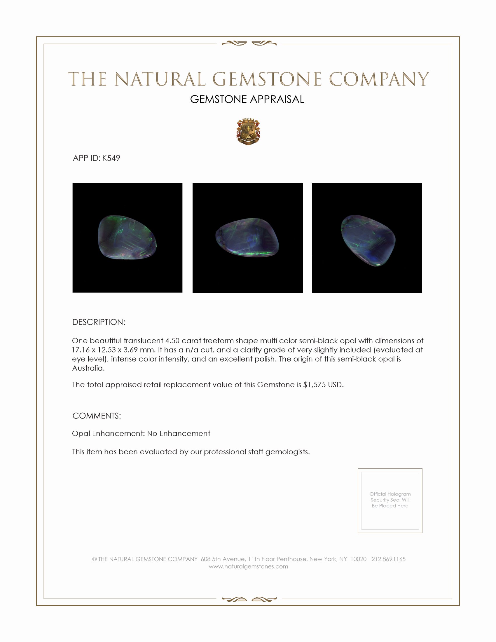 4.50 Ct. Semi-Black Opal from Australia