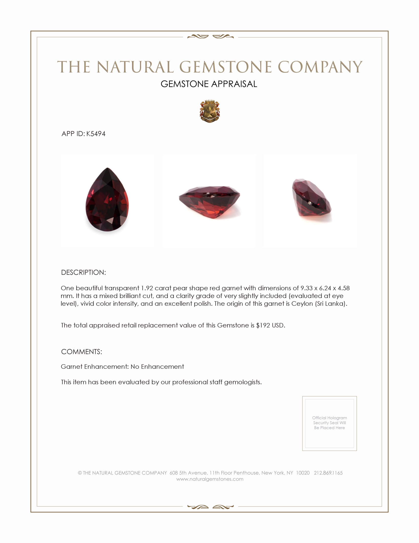 1.92 Ct. Garnet from Ceylon (Sri Lanka)