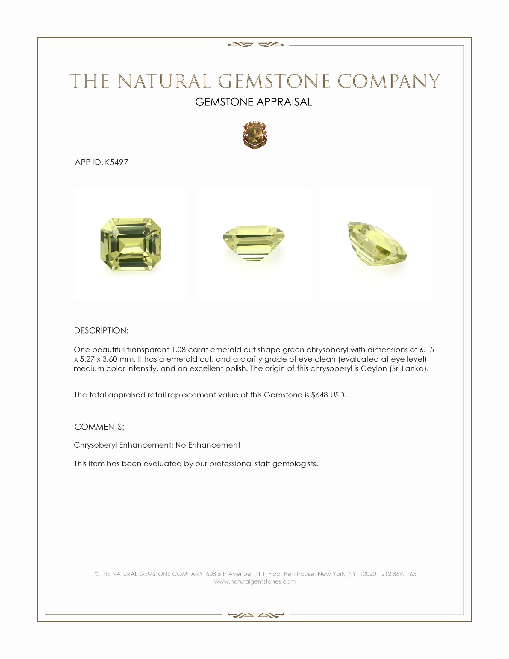 1.08 Ct. Green Chrysoberyl from Ceylon (Sri Lanka)