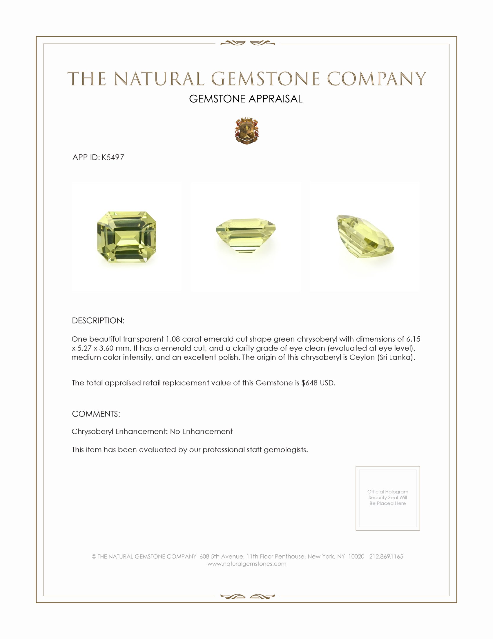 1.08 Ct. Chrysoberyl from Ceylon (Sri Lanka)