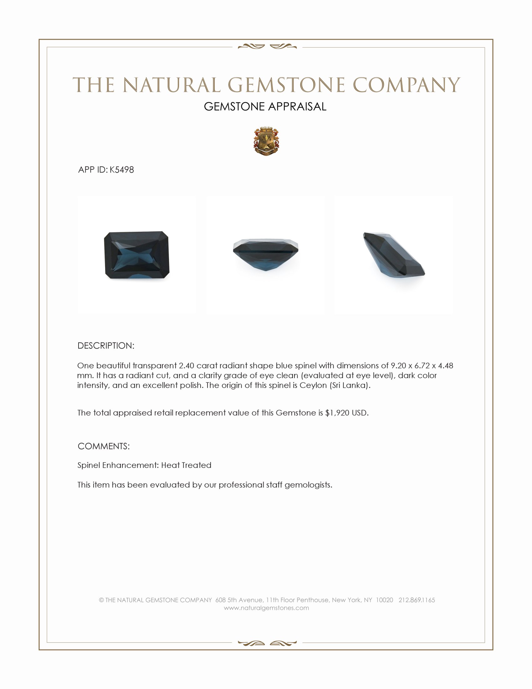 2.40 Ct. Greenish Blue Spinel from Ceylon (Sri Lanka)