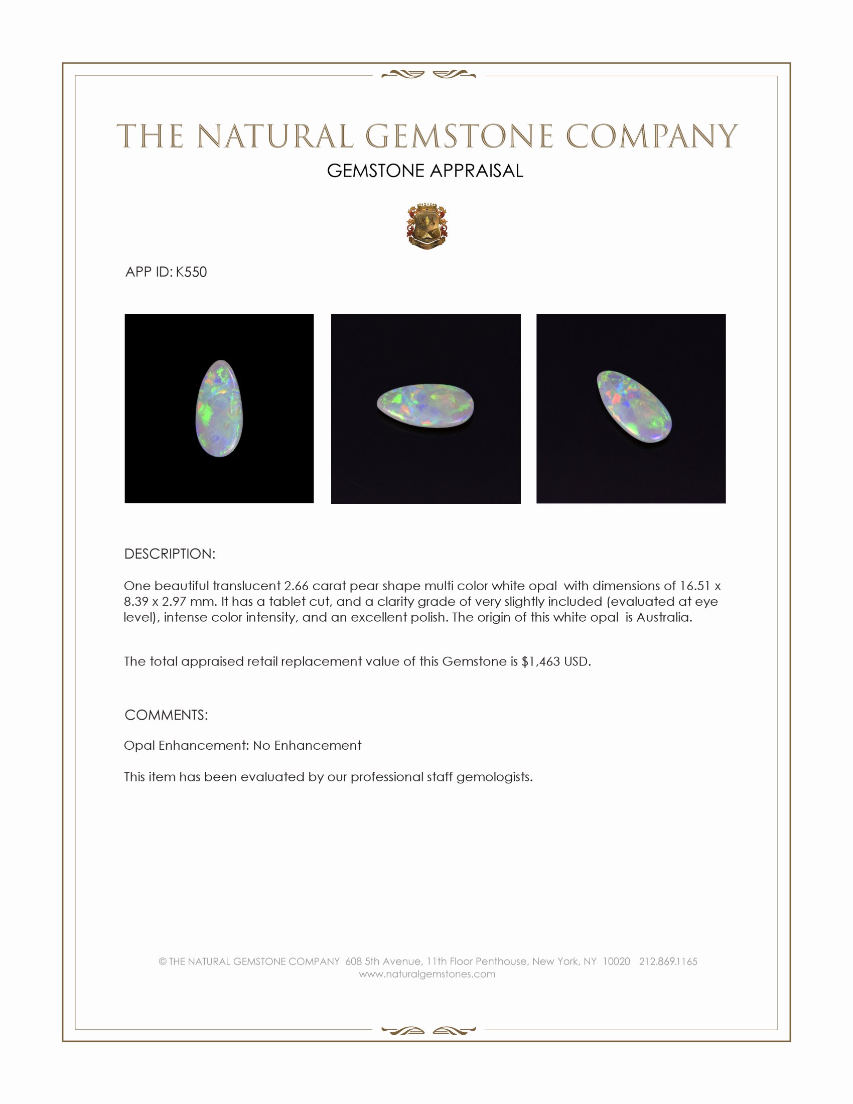2.66 Ct. Multi Color White Opal (Light Opal) from Australia