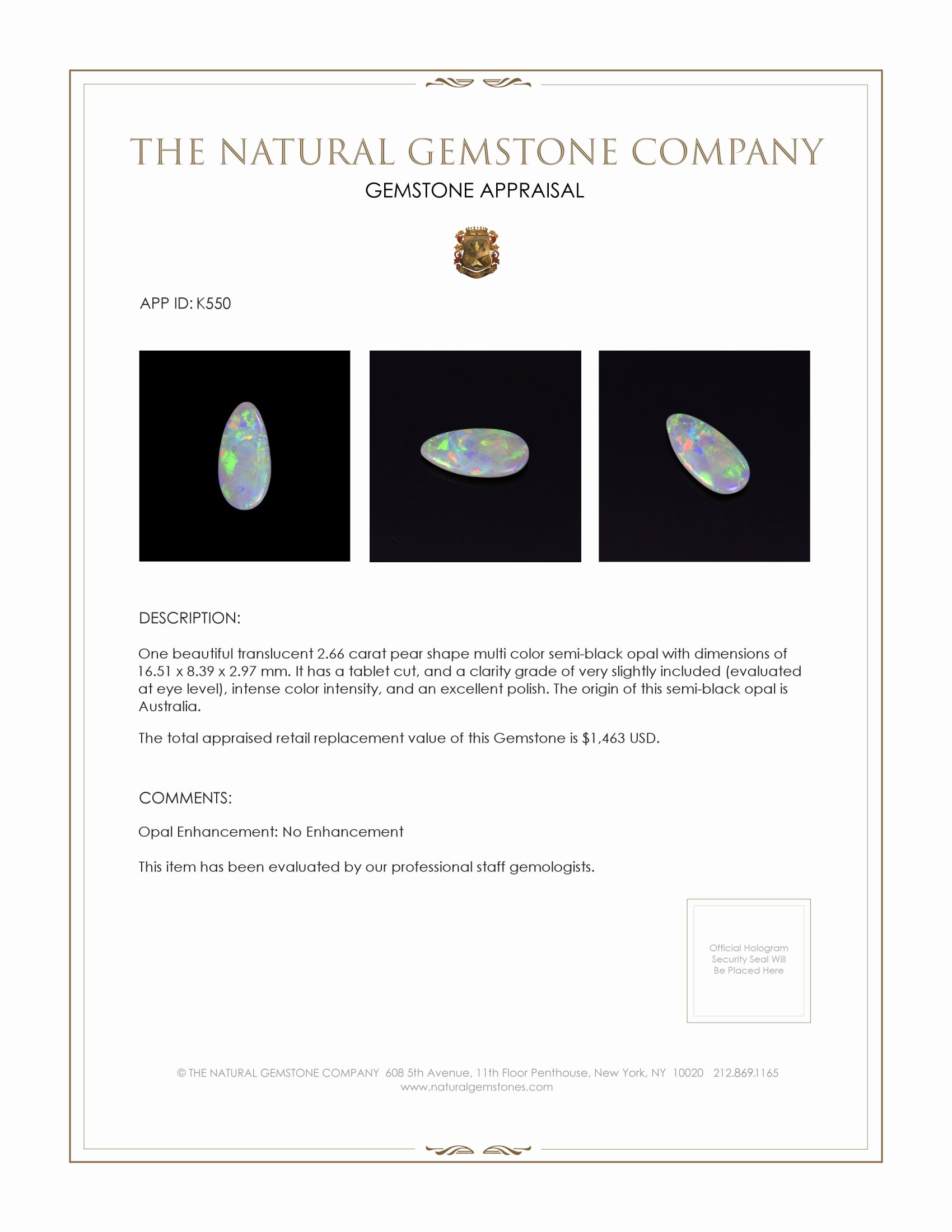 2.66 Ct. Semi-Black Opal from Australia