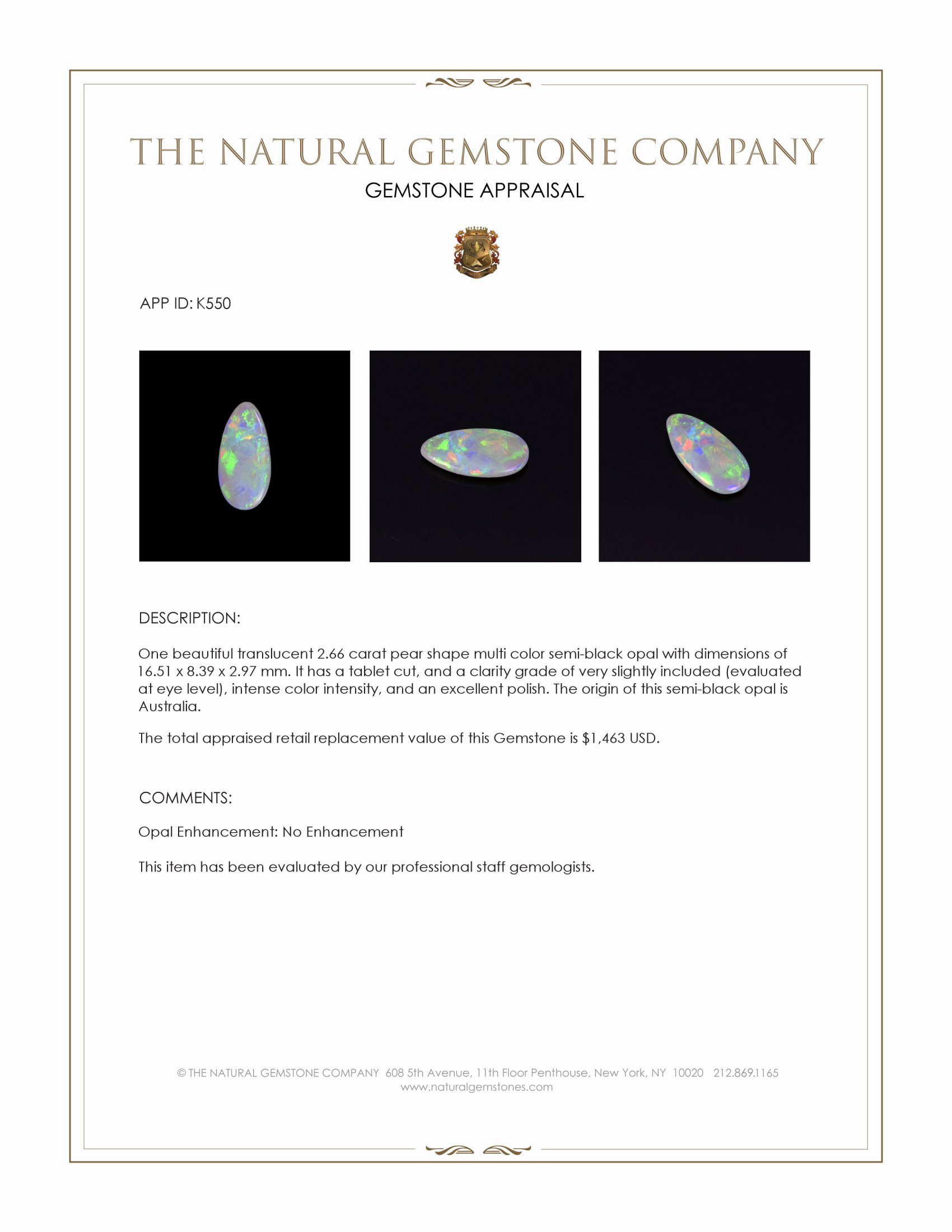 2.66 Ct. Multi Color Semi-Black Opal from Australia