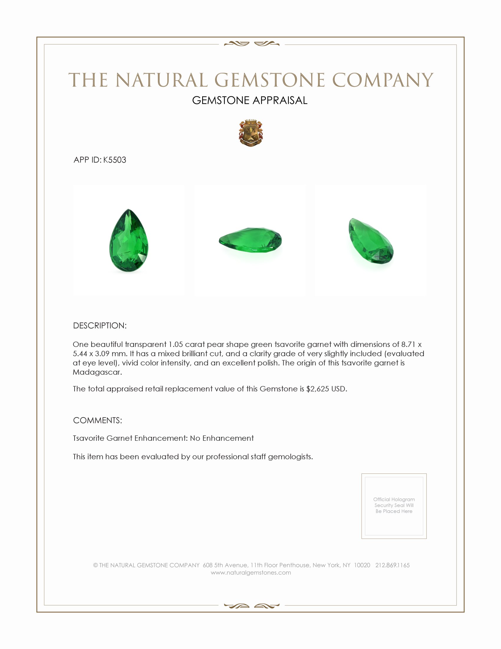 1.05 Ct. Tsavorite Garnet from Madagascar