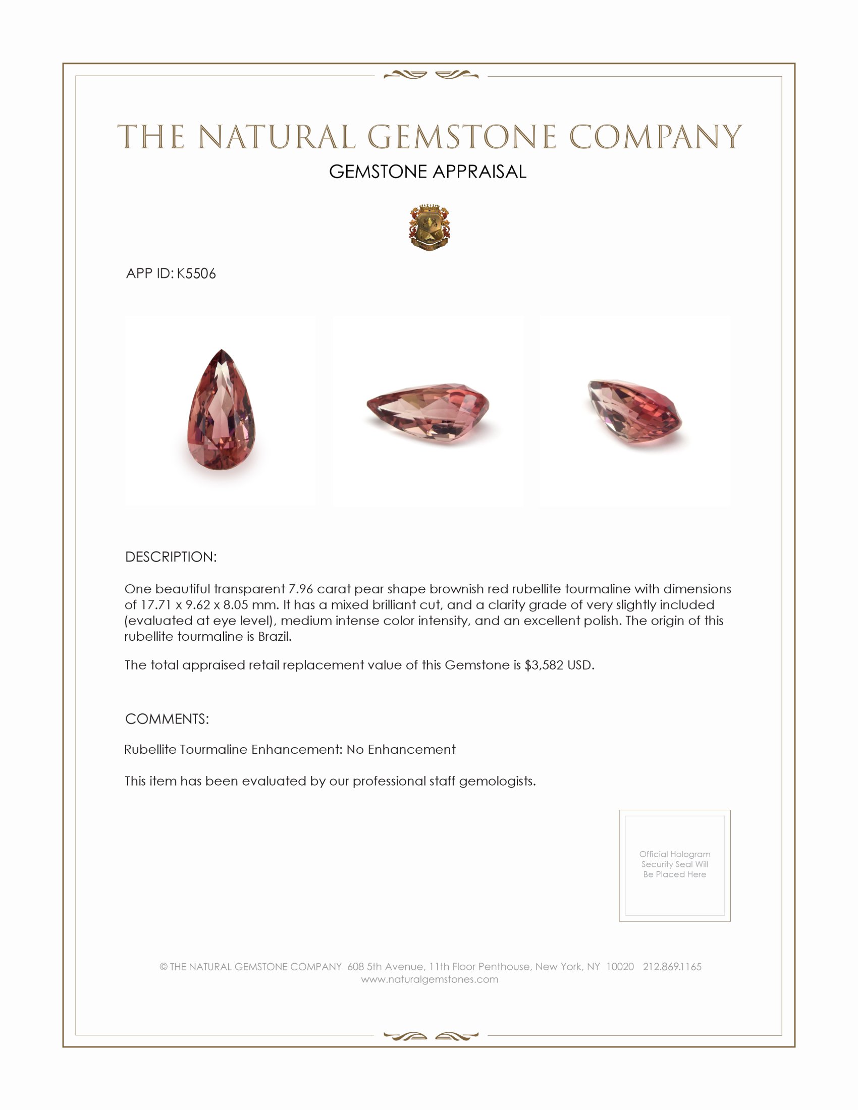 7.96 Ct. Rubellite Tourmaline from Brazil