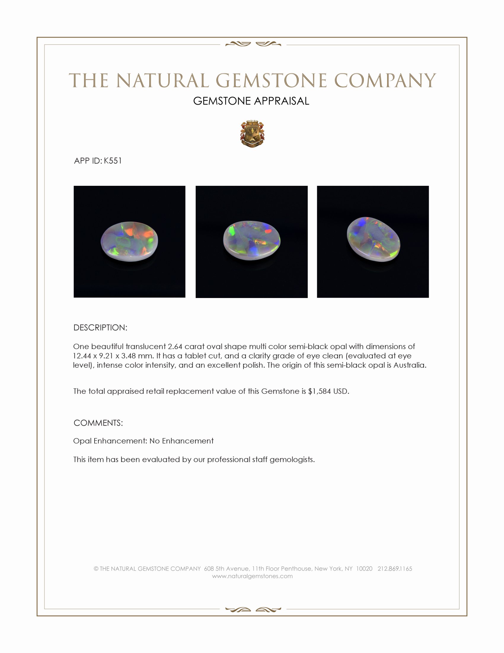 2.64 Ct. Multi Color Semi-Black Opal from Australia