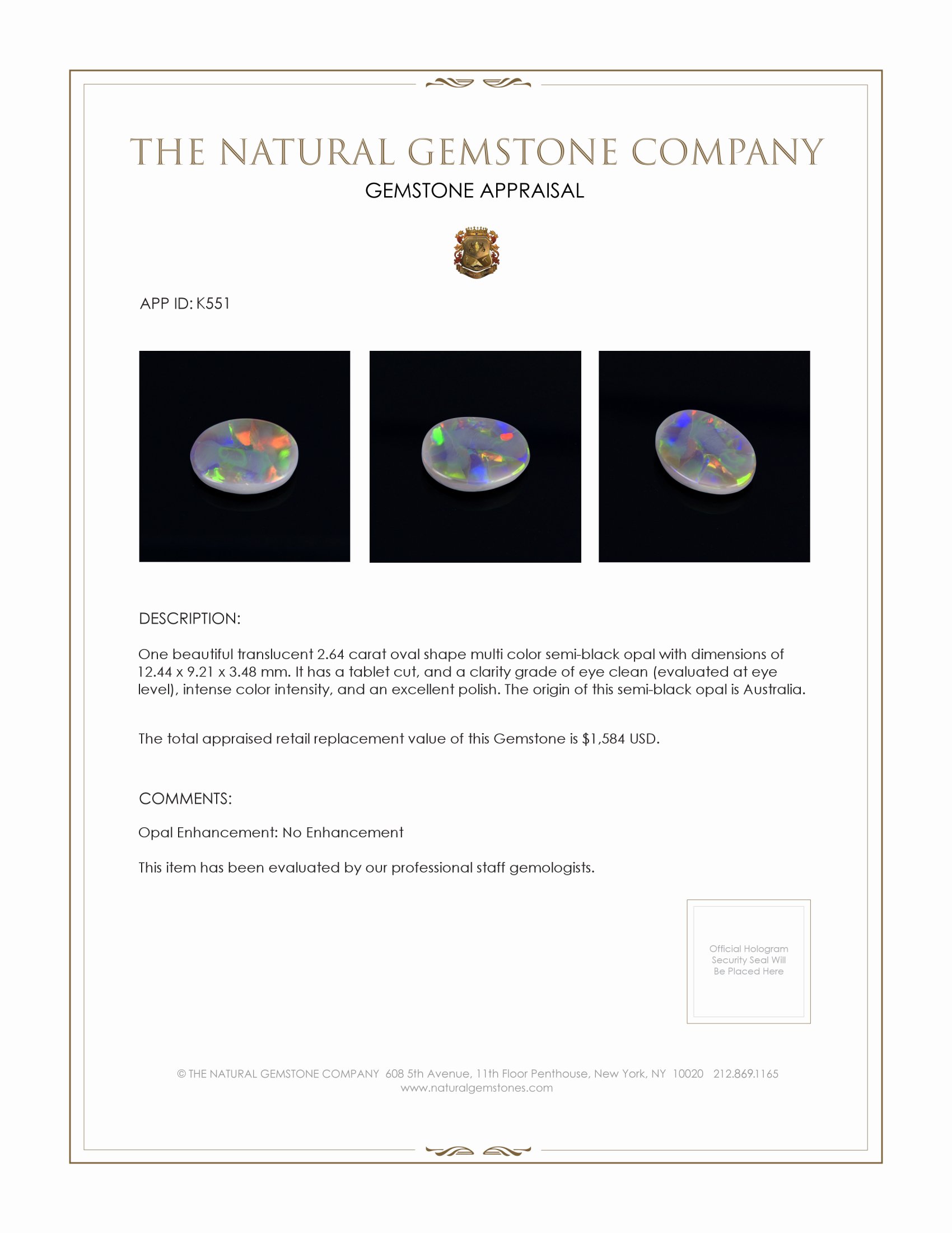 2.64 Ct. Semi-Black Opal from Australia