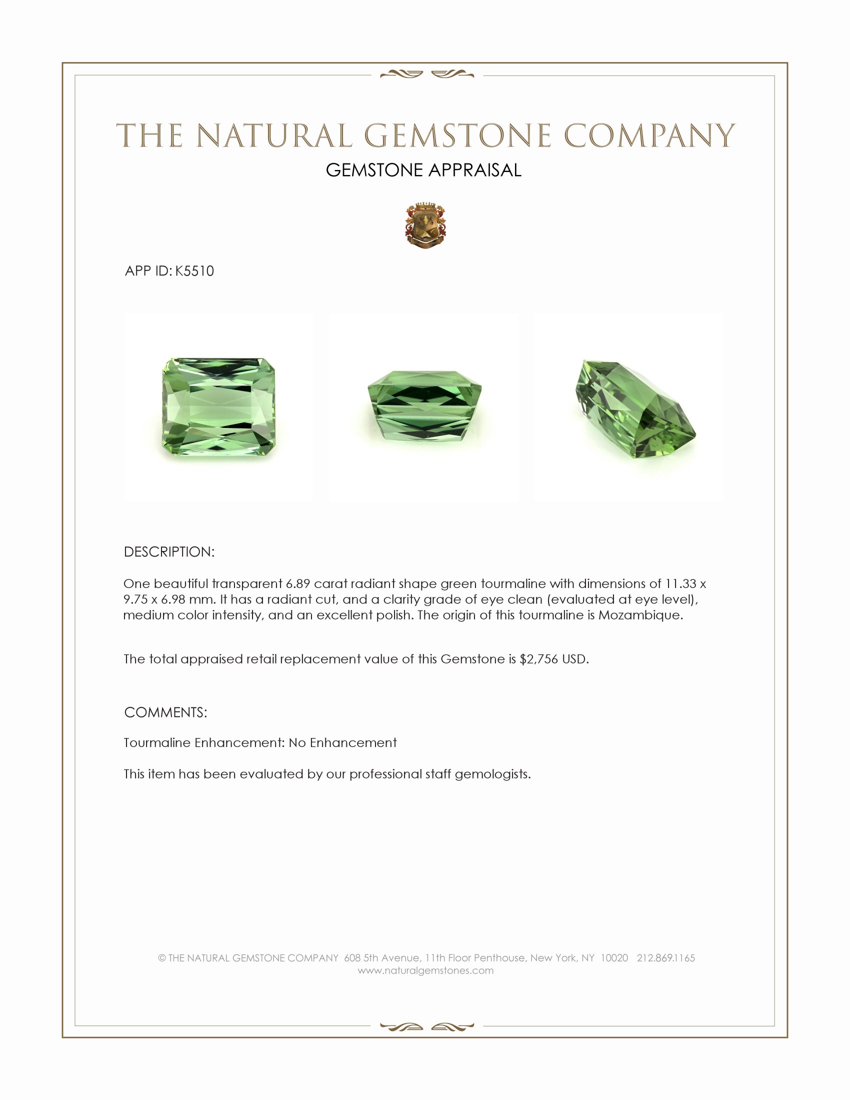 6.89 Ct. Green Tourmaline from Mozambique