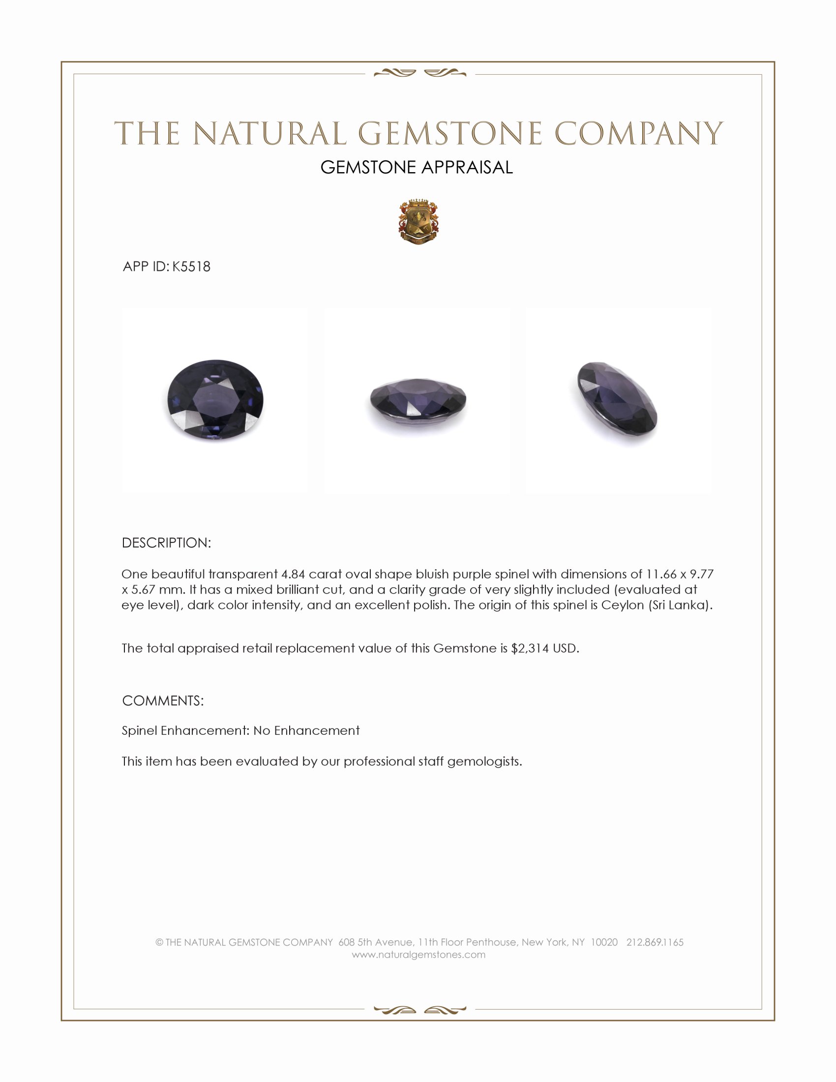 4.84 Ct. Bluish Purple Spinel from Ceylon (Sri Lanka)