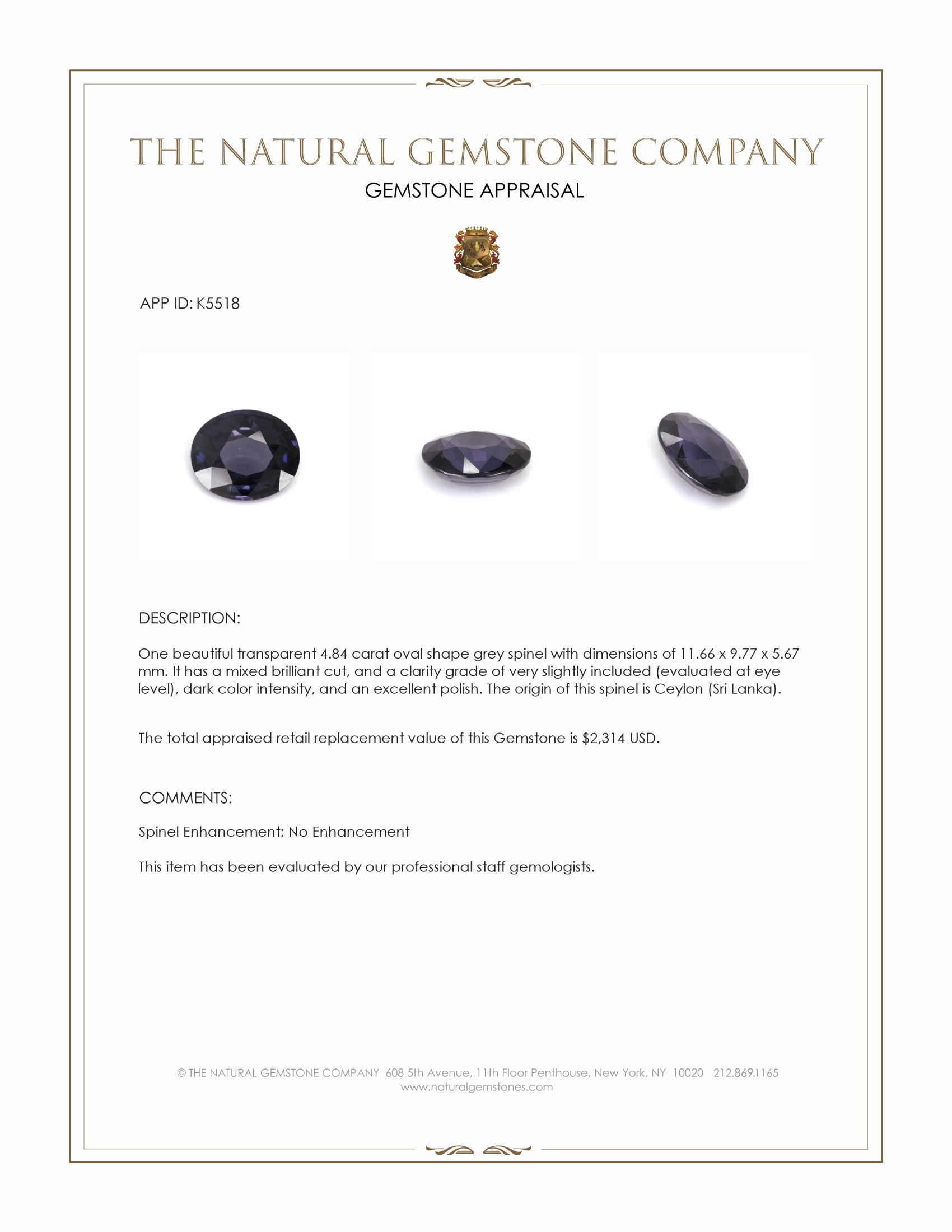 4.84 Ct. Grey Spinel from Ceylon (Sri Lanka)