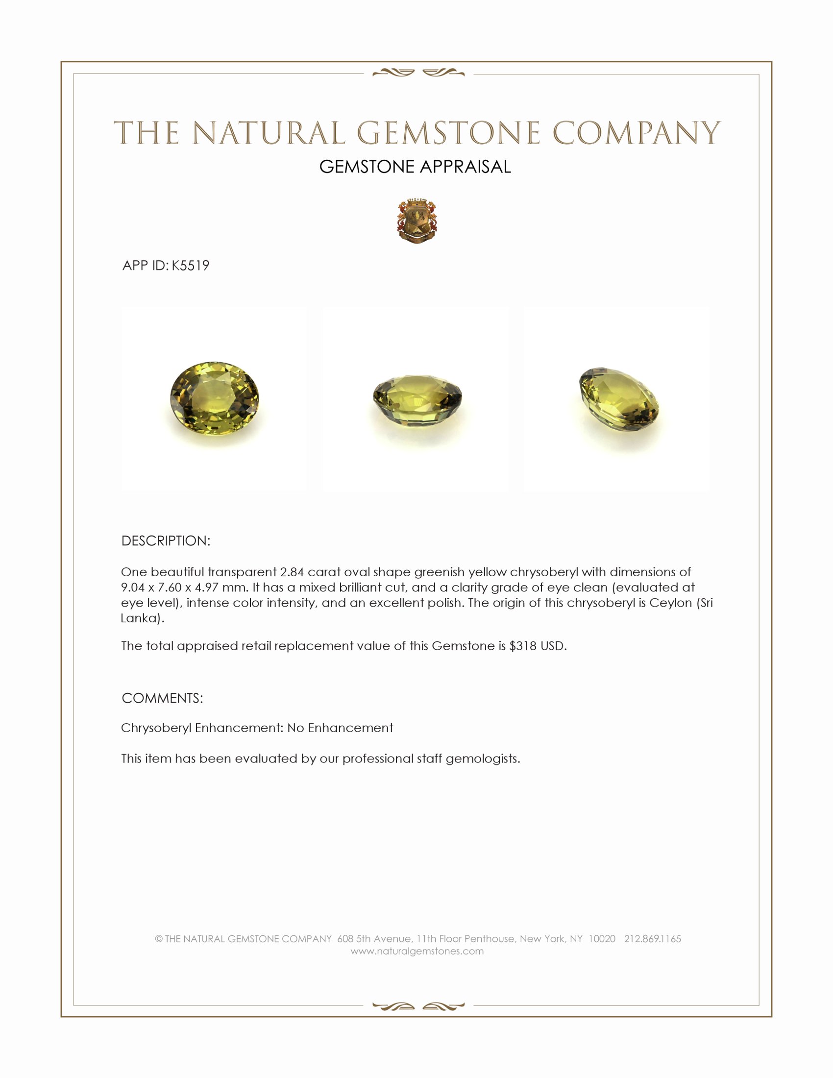 2.84 Ct. Chrysoberyl from Ceylon (Sri Lanka)