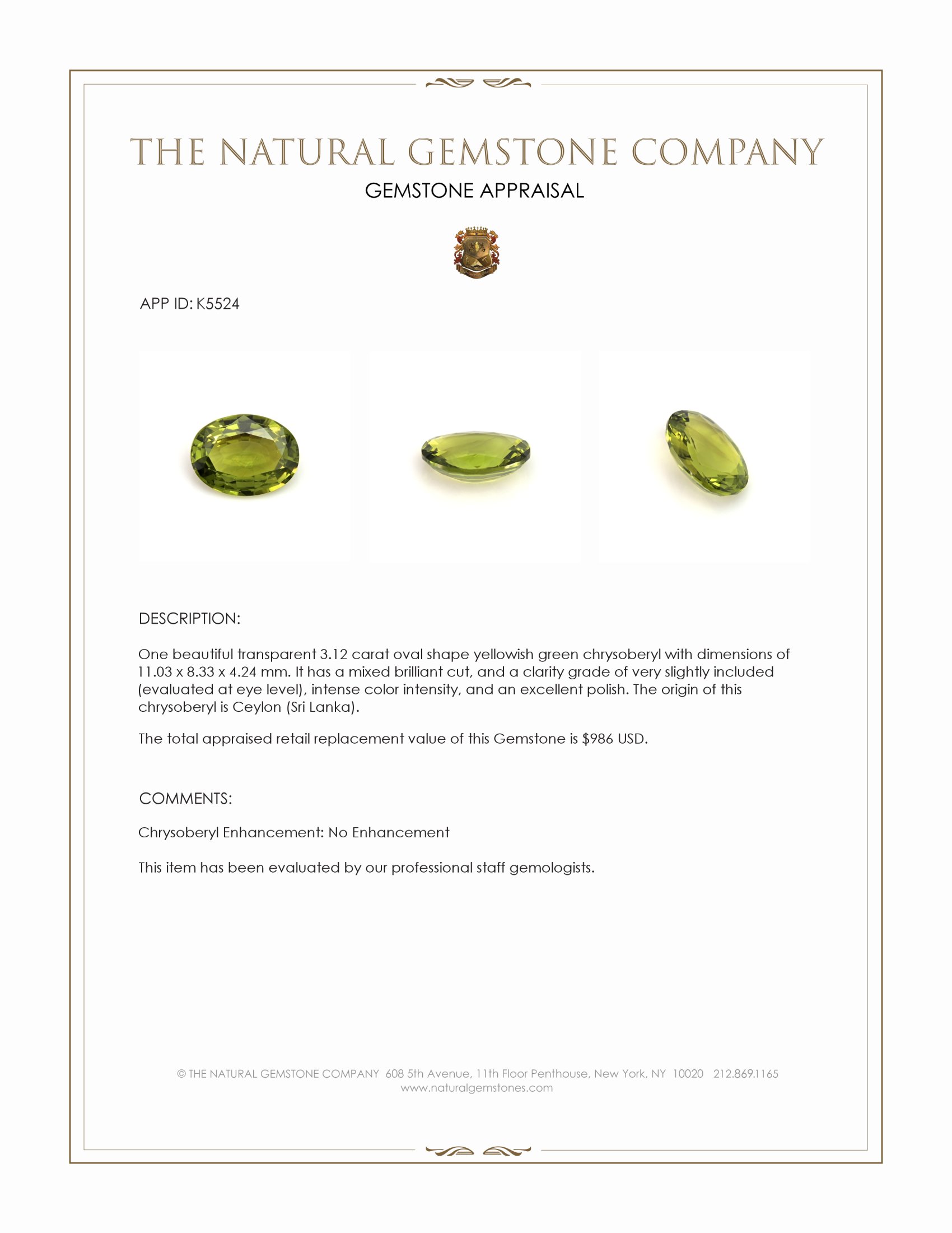 3.12 Ct. Yellowish Green Chrysoberyl from Ceylon (Sri Lanka)