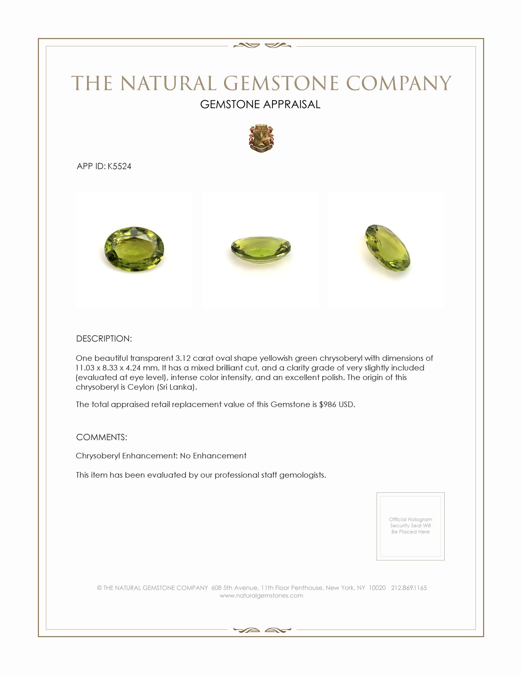 3.12 Ct. Chrysoberyl from Ceylon (Sri Lanka)