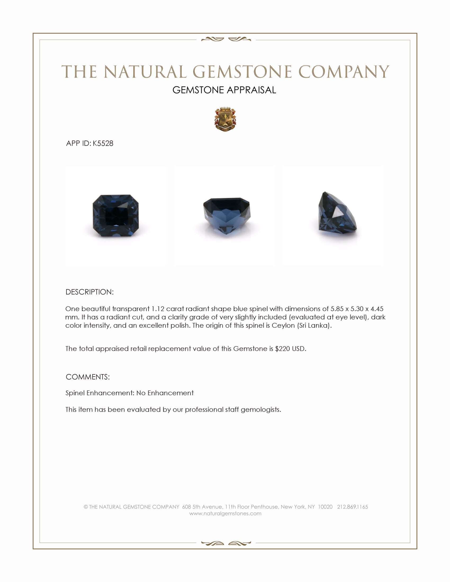 1.12 Ct. Blue Spinel from Ceylon (Sri Lanka)