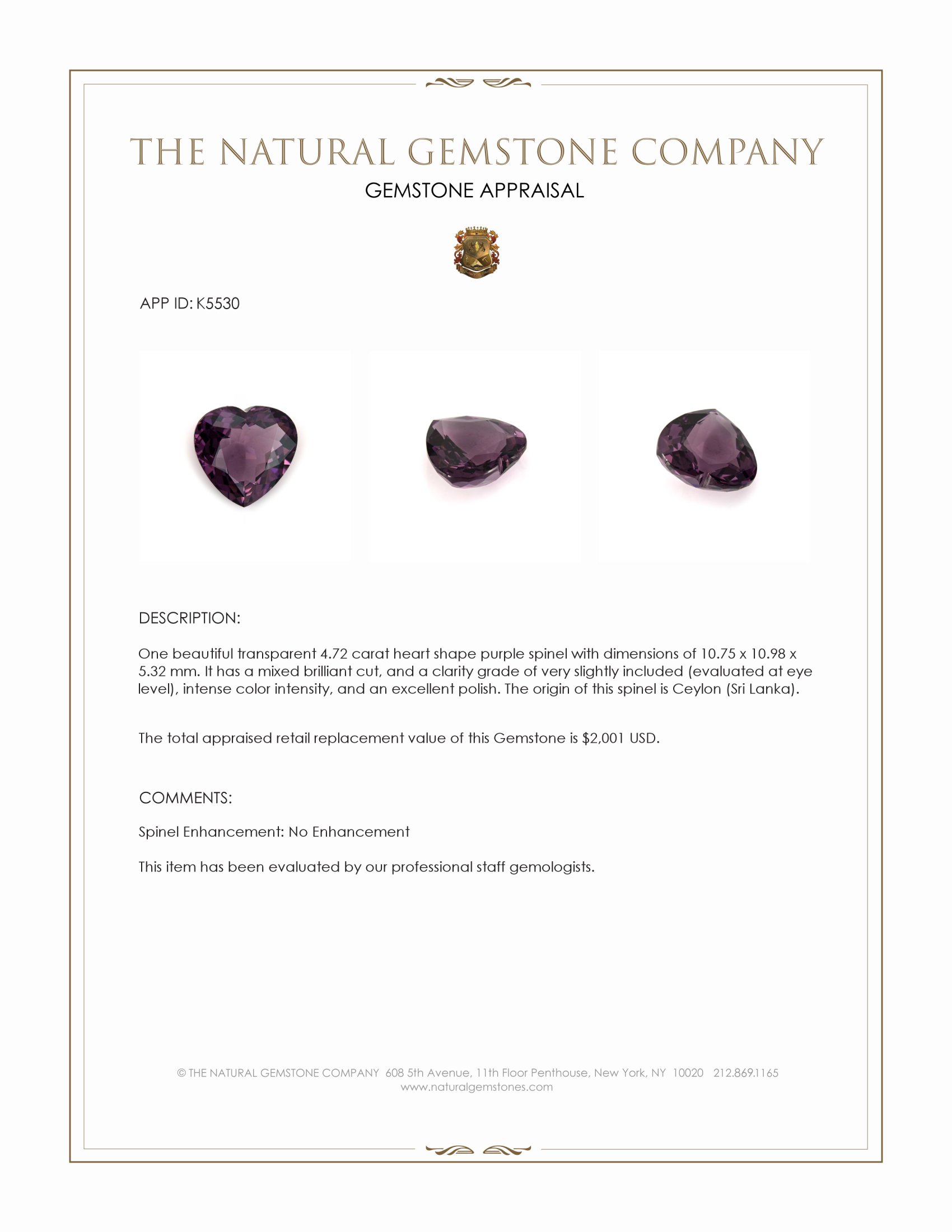 4.72 Ct. Purple Spinel from Ceylon (Sri Lanka)