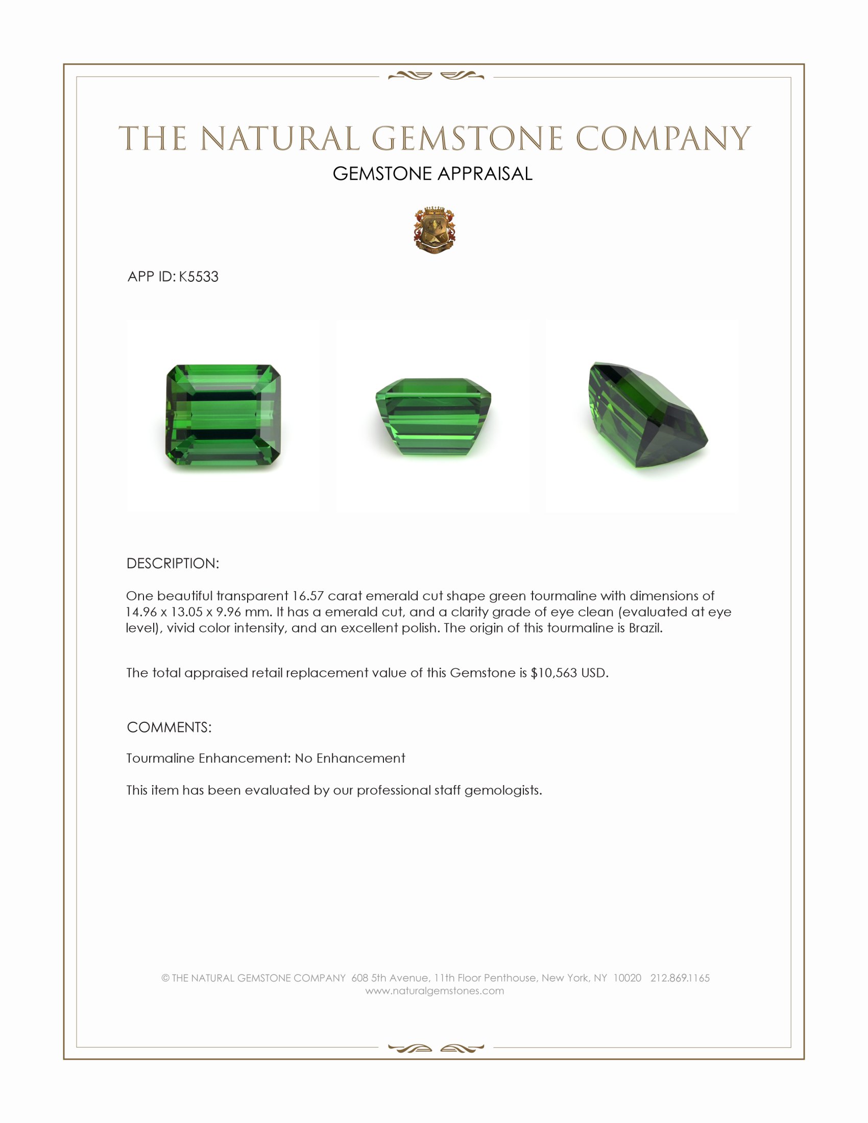 16.57 Ct. Green Tourmaline from Brazil