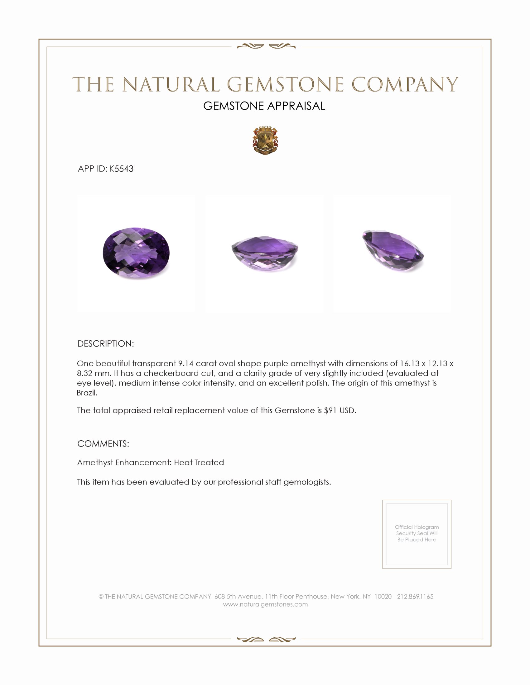 9.14 Ct. Amethyst from Brazil