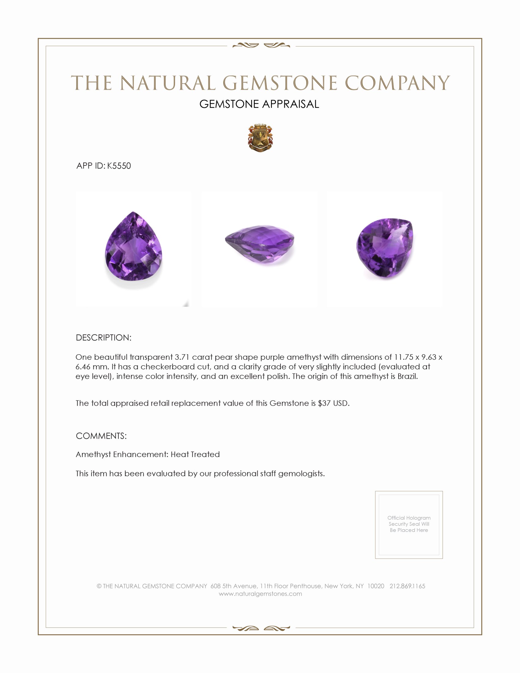 3.71 Ct. Amethyst from Brazil
