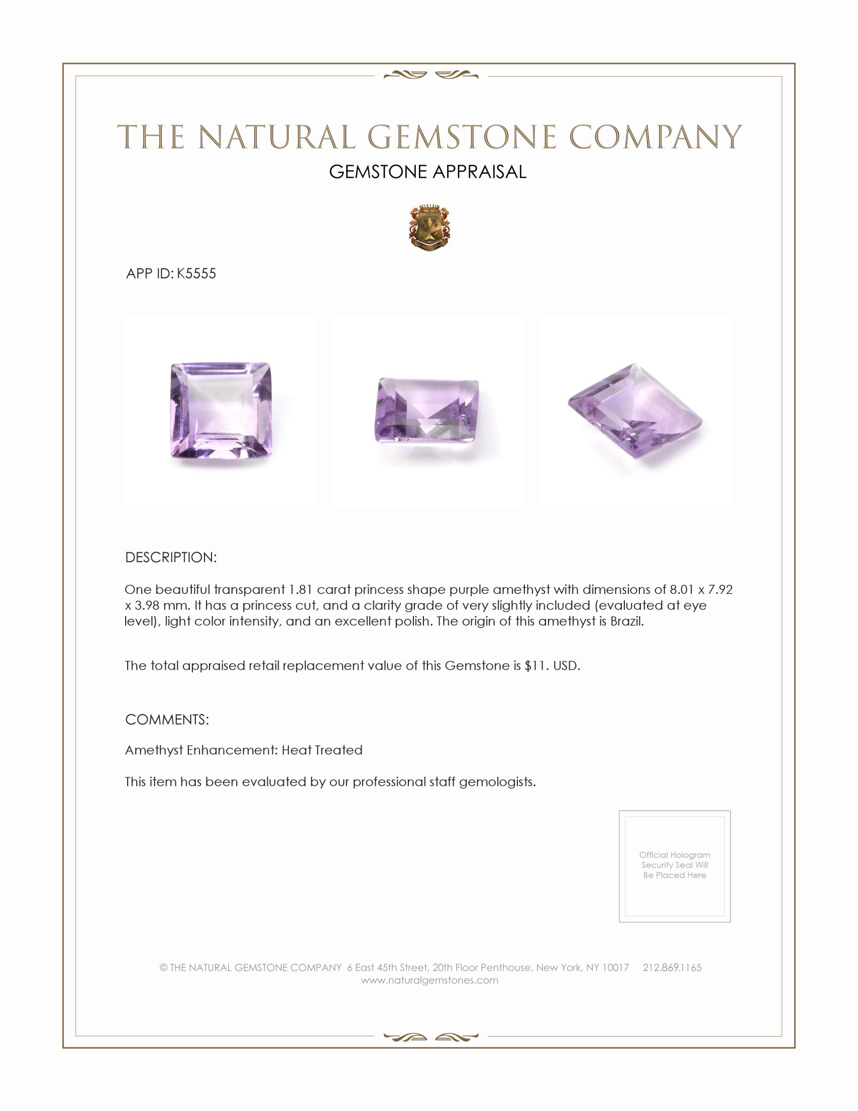 1.81 Ct. Amethyst from Brazil