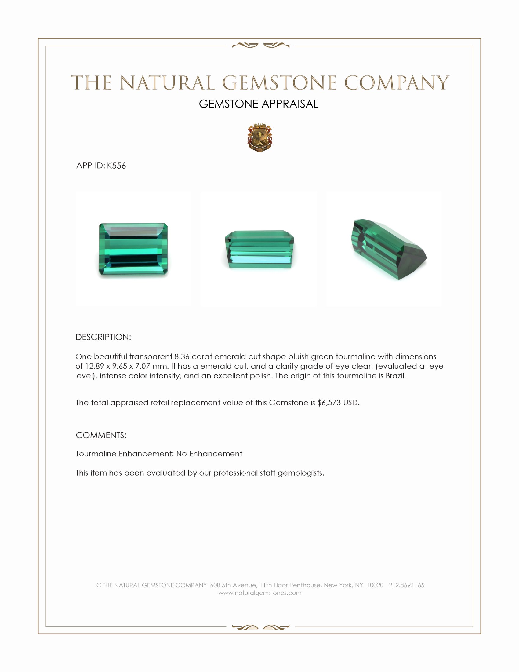 8.36 Ct. Bluish Green Tourmaline from Brazil