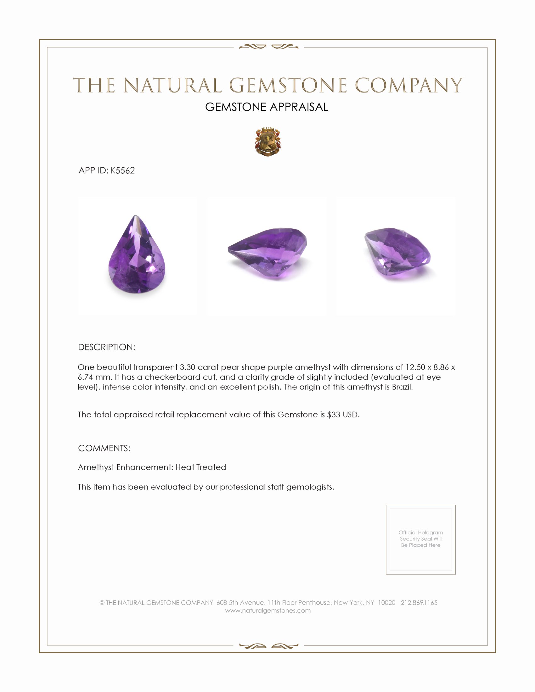 3.30 Ct. Amethyst from Brazil