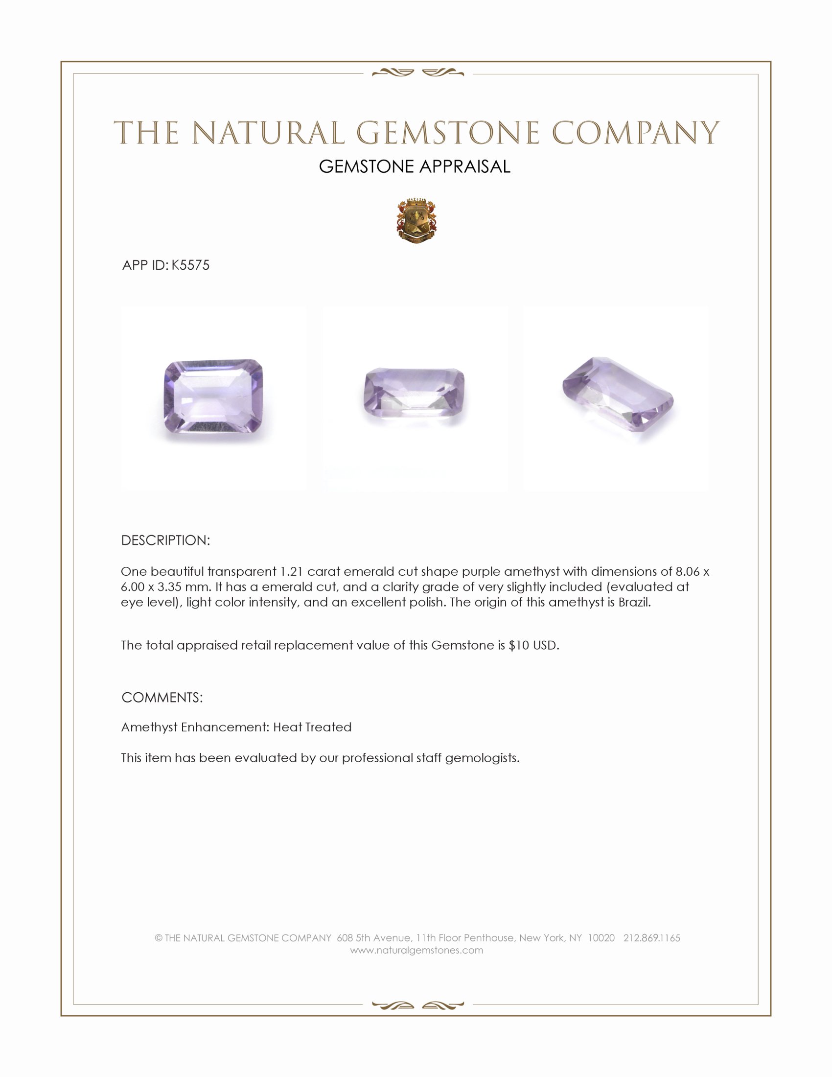 1.21 Ct. Purple Amethyst from Brazil