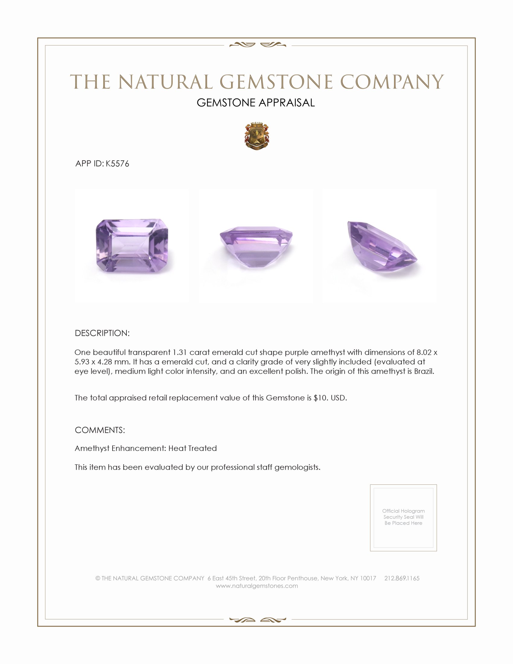 1.31 Ct. Amethyst from Brazil