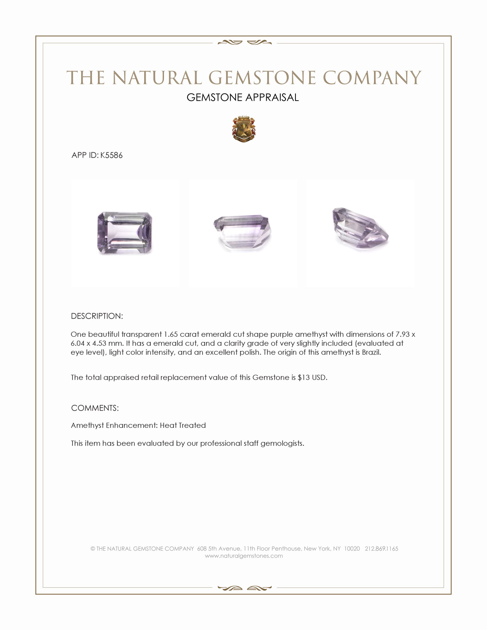 1.65 Ct. Purple Amethyst from Brazil