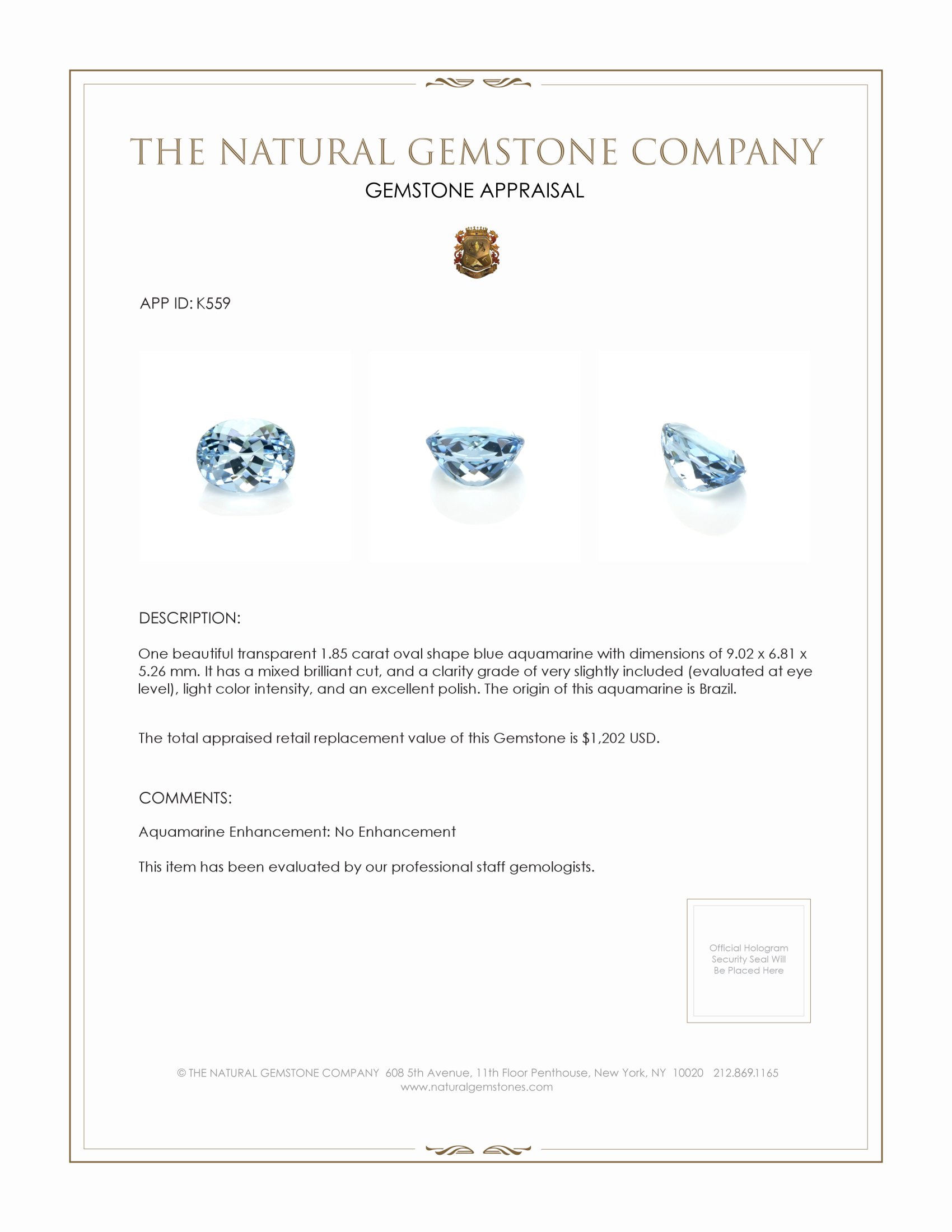 1.85 Ct. Aquamarine from Brazil