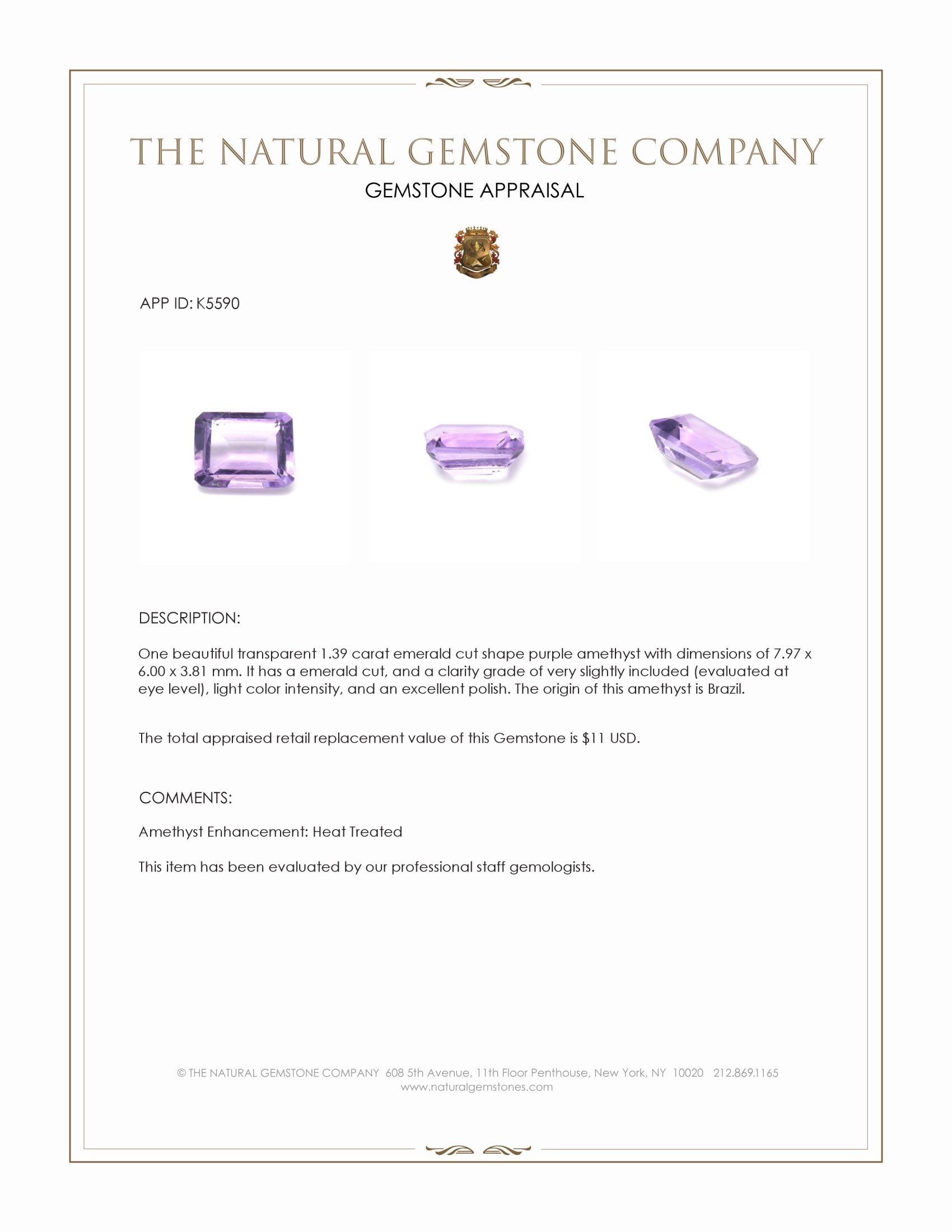 1.39 Ct. Amethyst from Brazil