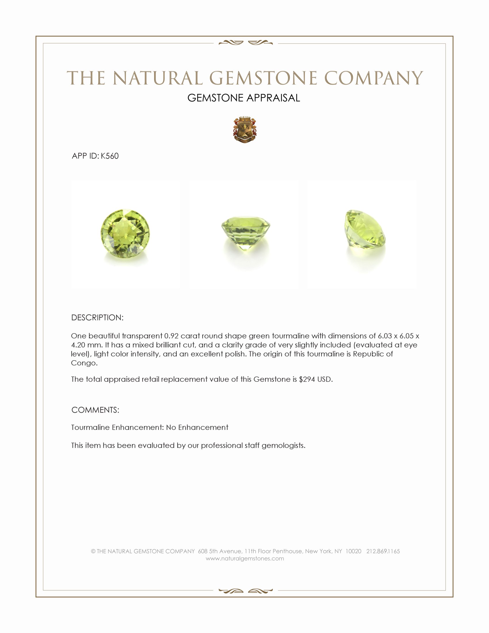 0.92 Ct. Green Tourmaline from Republic of Congo