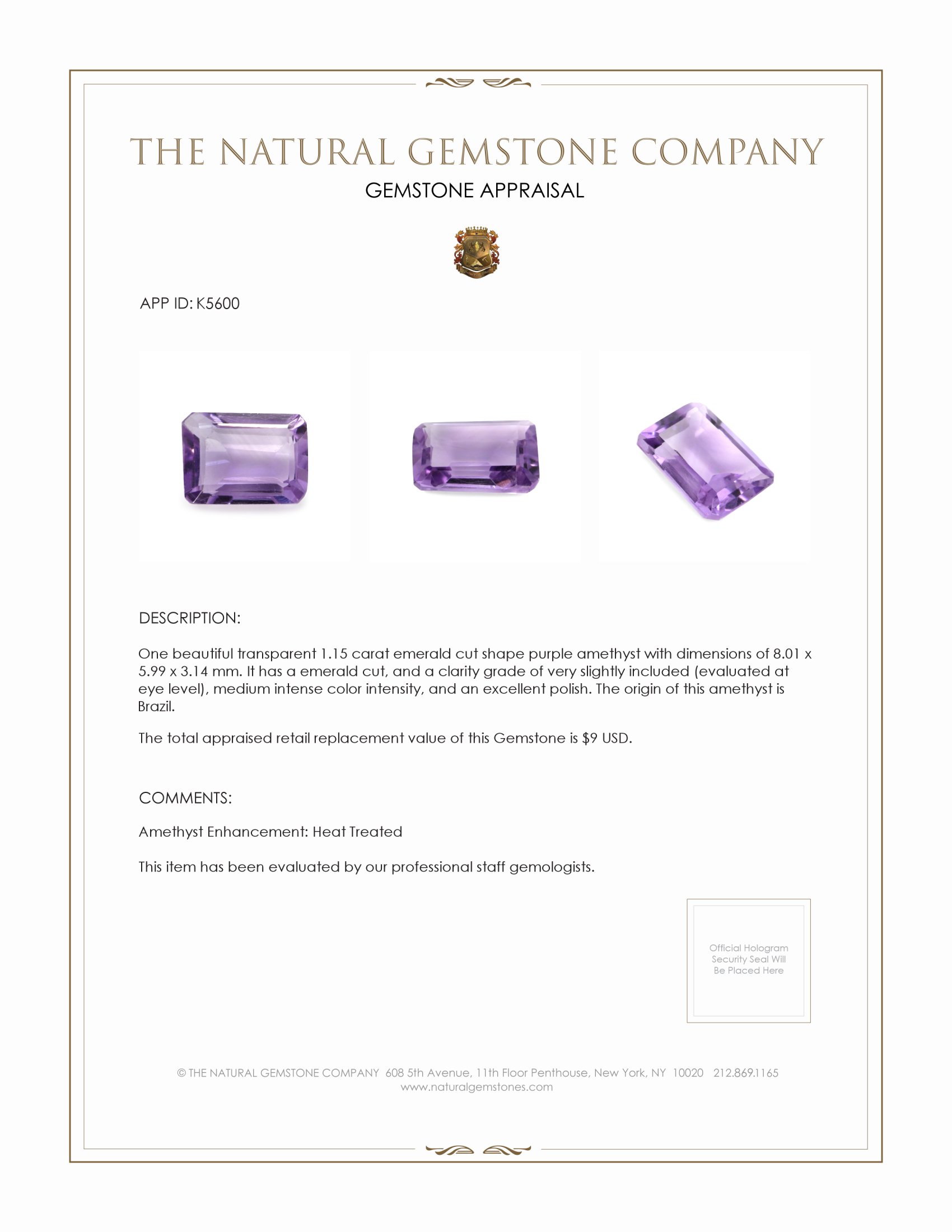 1.15 Ct. Amethyst from Brazil