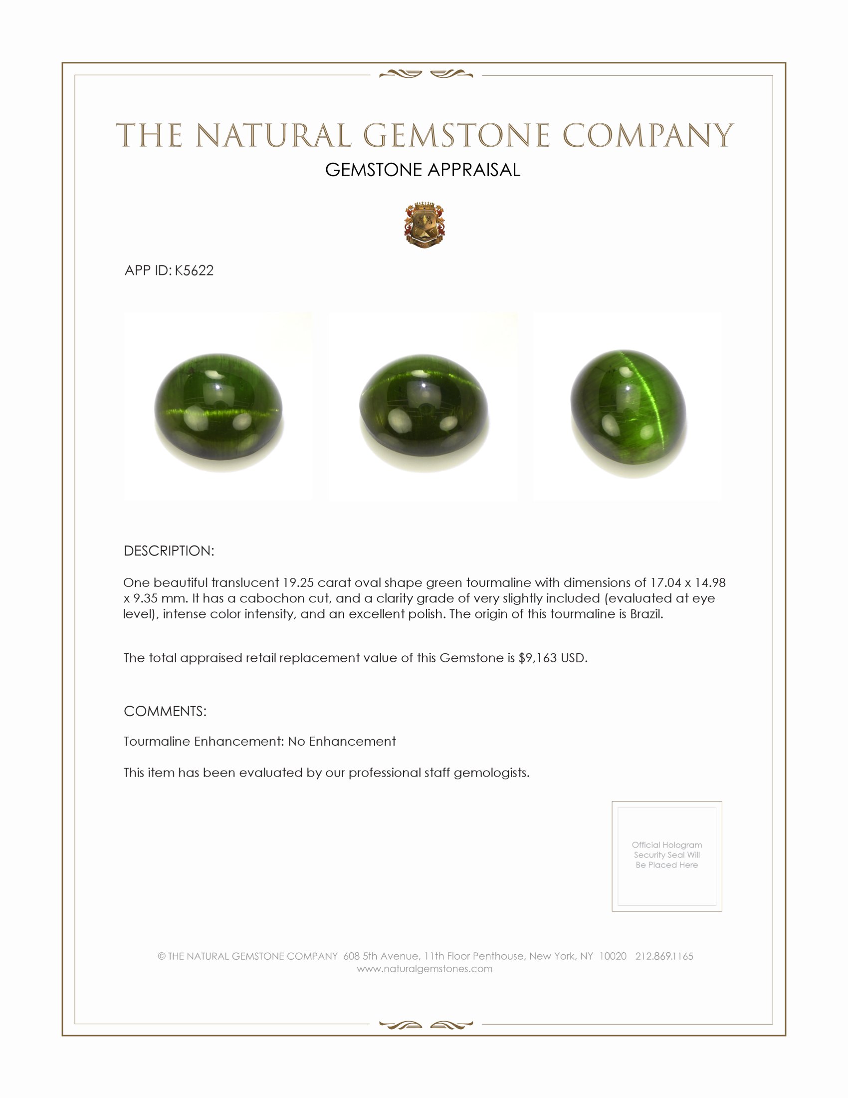 19.25 Ct. Cabochon Tourmaline from Brazil