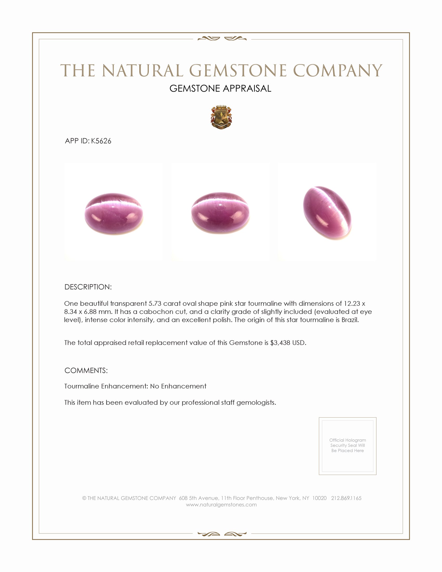 5.73 Ct. Star Tourmaline from Brazil