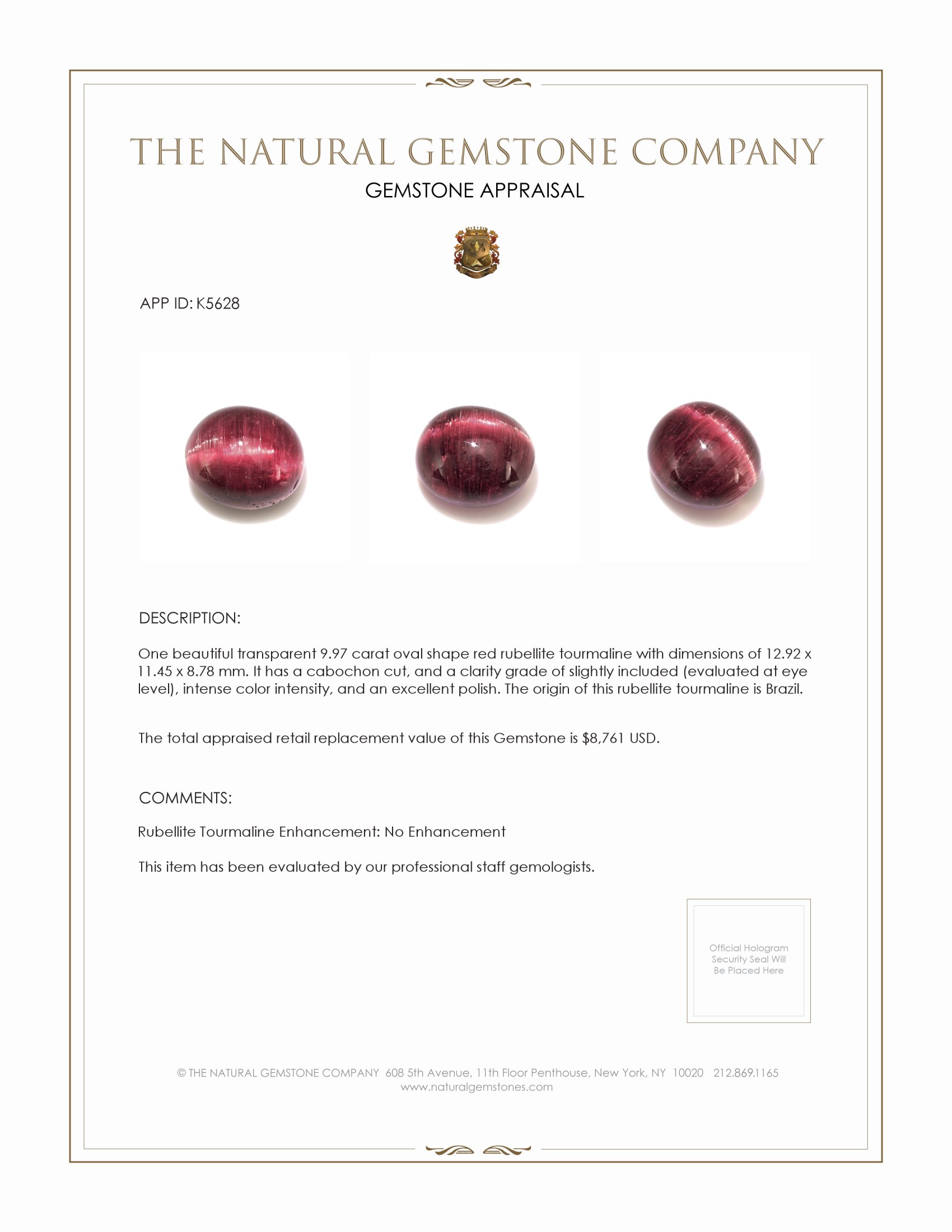 9.97 Ct. Cabochon Rubellite Tourmaline from Brazil