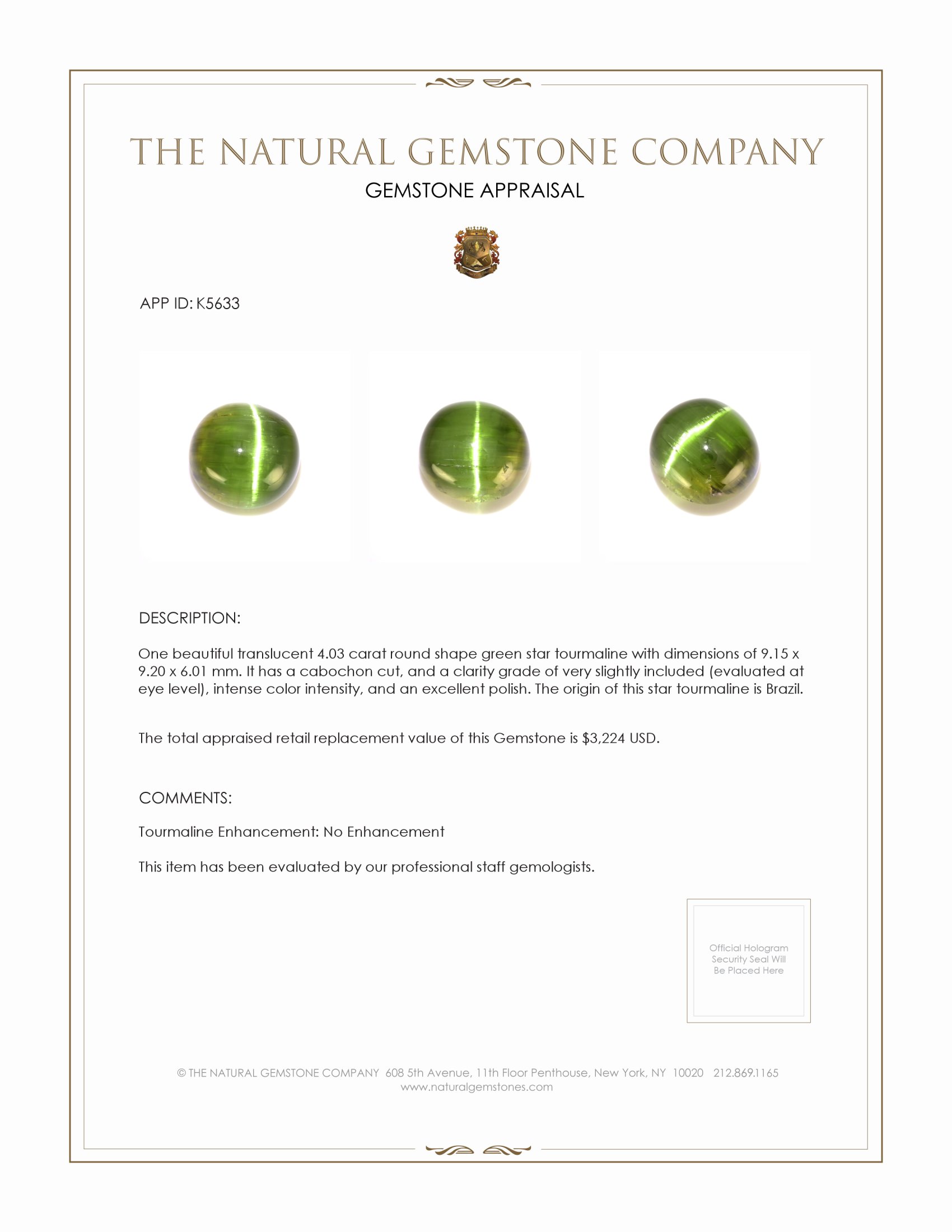 4.03 Ct. Star Tourmaline from Brazil