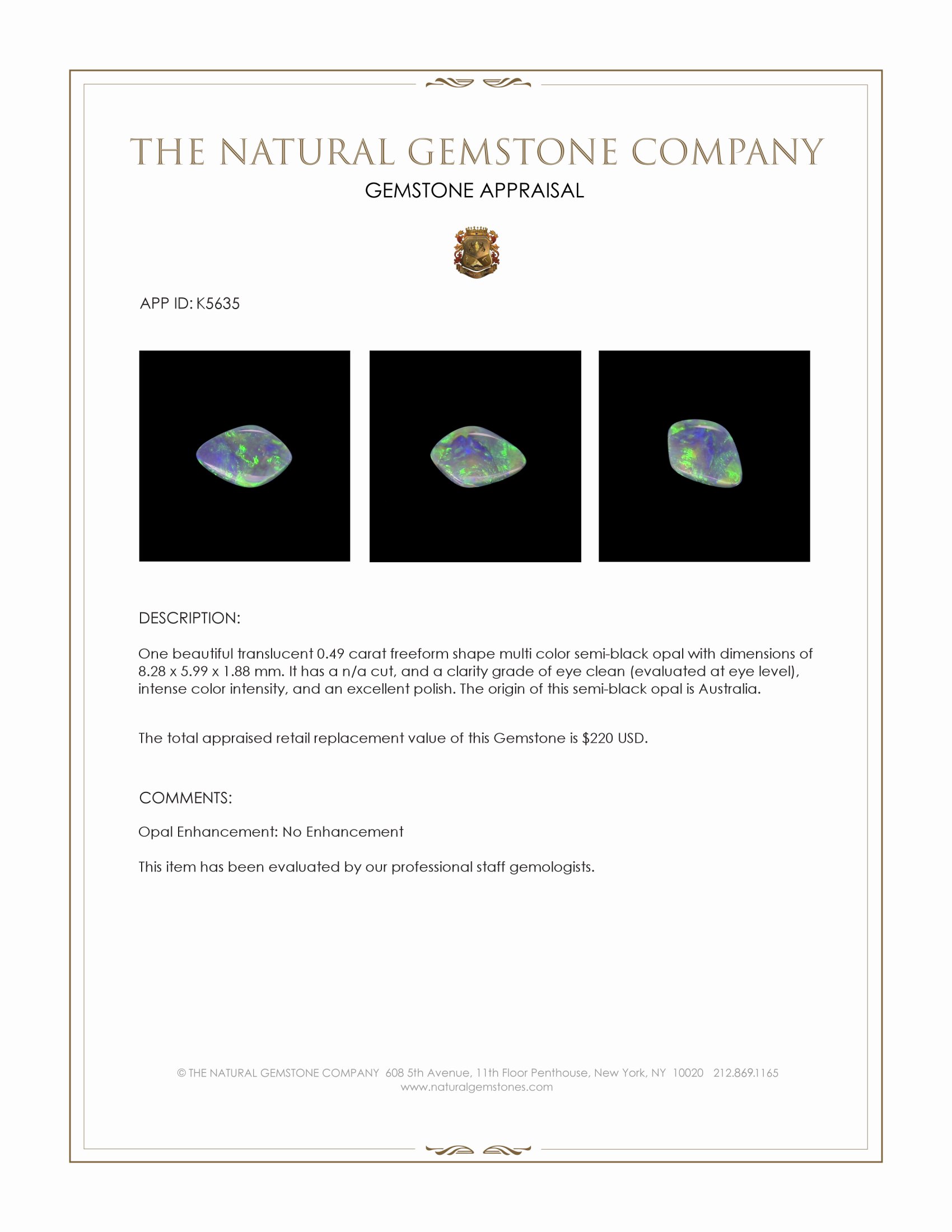 0.49 Ct. Multi Color Semi-Black Opal from Australia