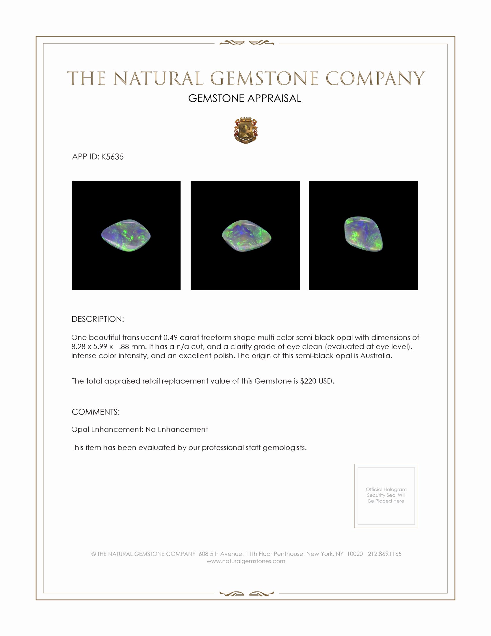 0.49 Ct. Semi-Black Opal from Australia