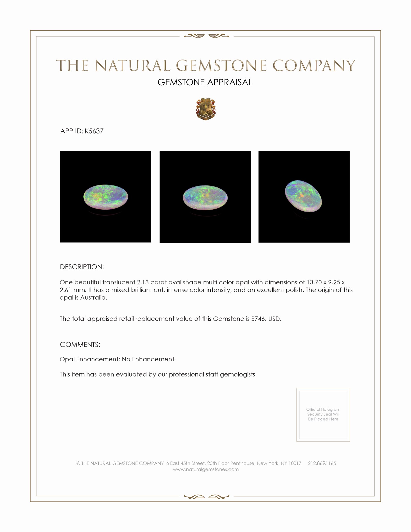 2.13 Ct. Crystal/Jelly Opal from Australia