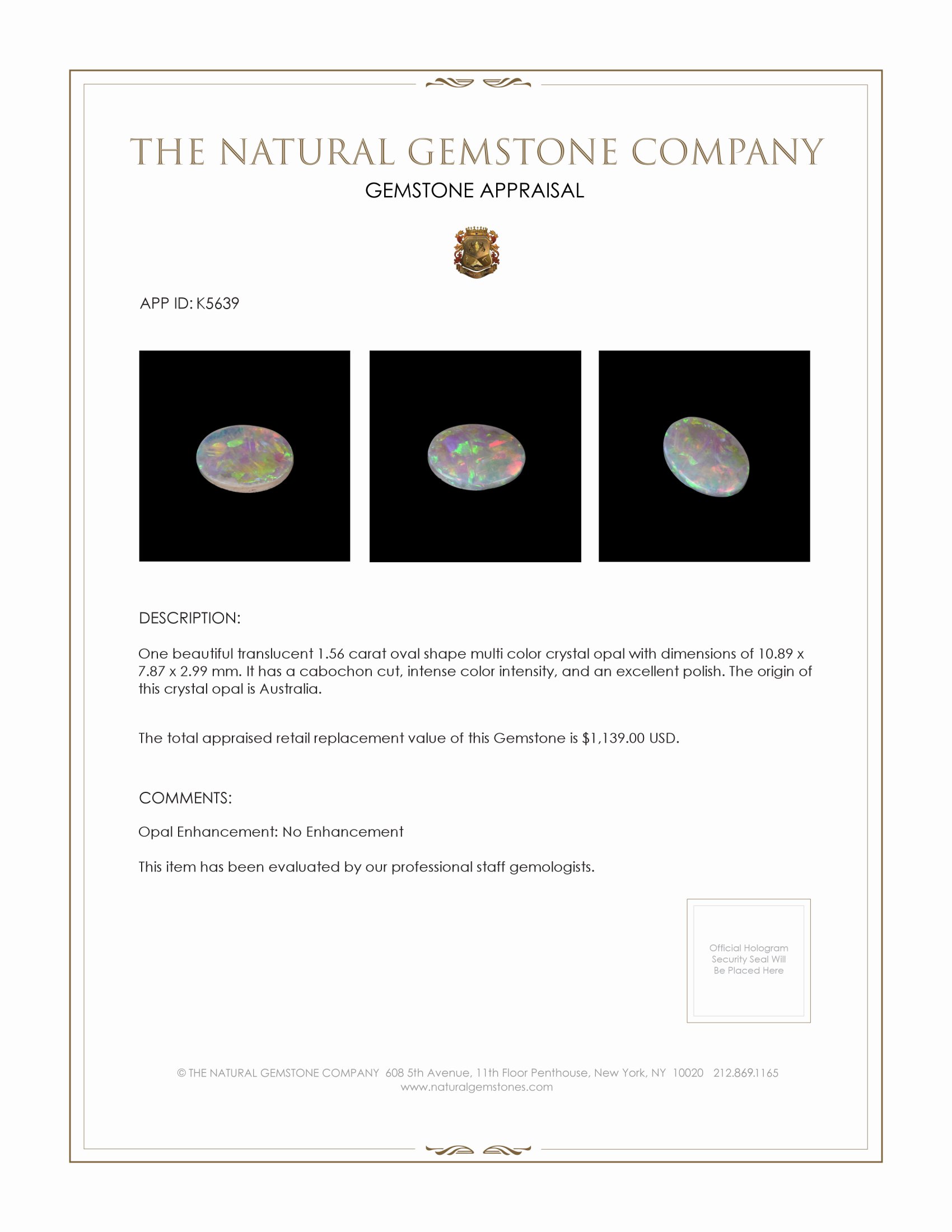 1.56 Ct. Cabochon Crystal/Jelly Opal from Australia